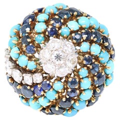 CA 1960 18K Sapphire Turquoise and diamond Swirl Cocktail Ring in 18k