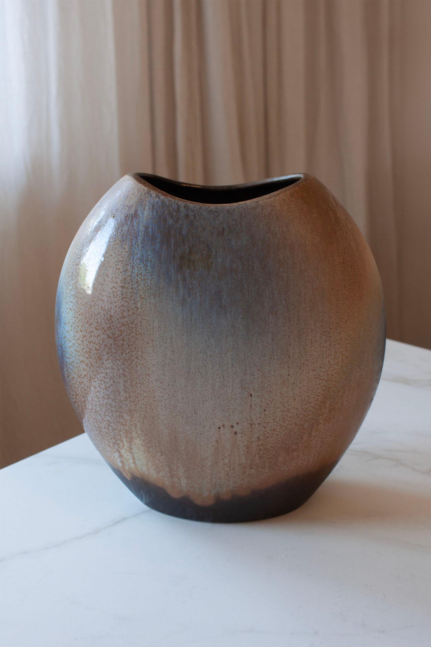 Hand-Crafted Ca 1970s Large Handcrafted German Studio Pottery Vase in Brown, blue Glaze For Sale
