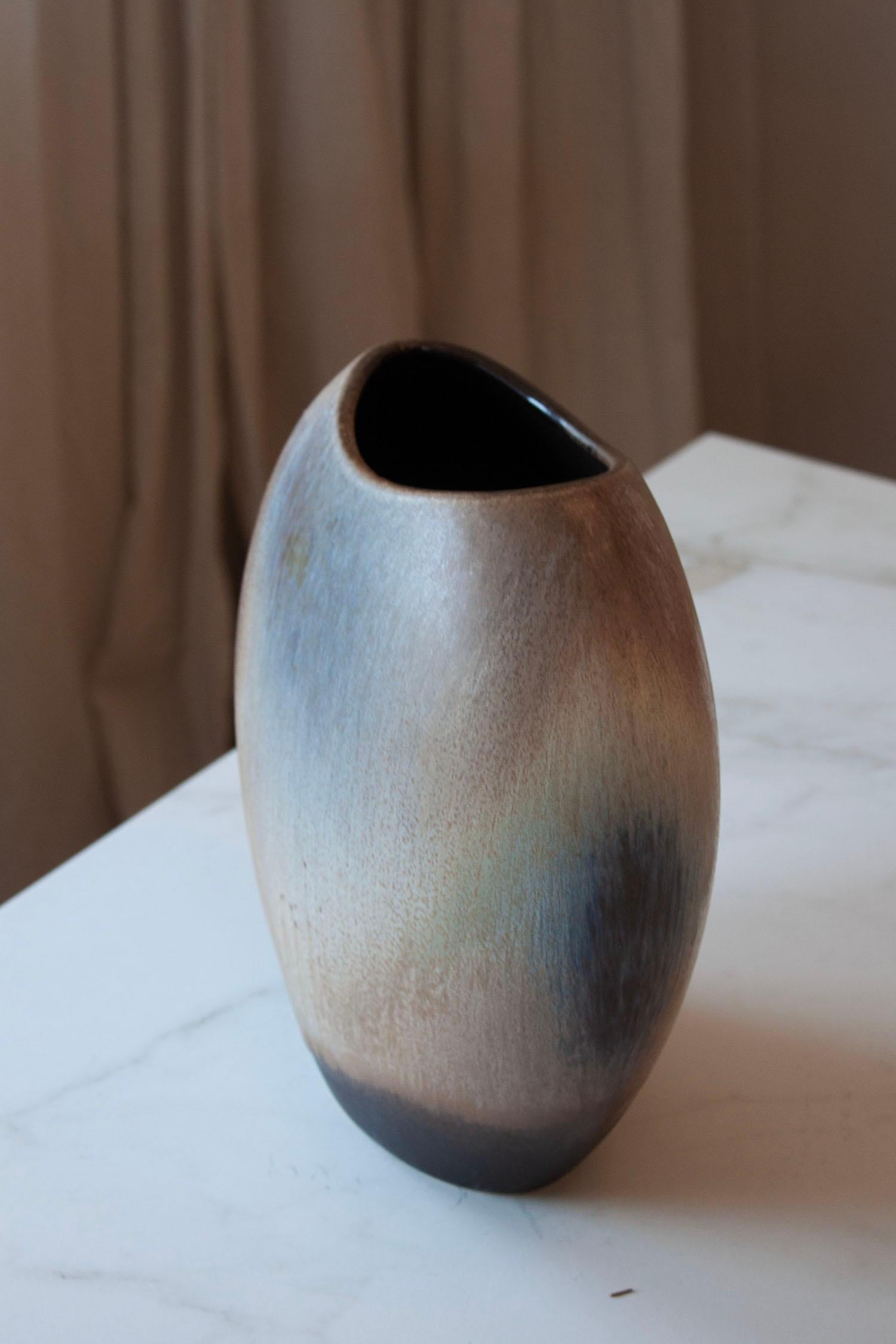 Ca 1970s Large Handcrafted German Studio Pottery Vase in Brown, blue Glaze For Sale 2