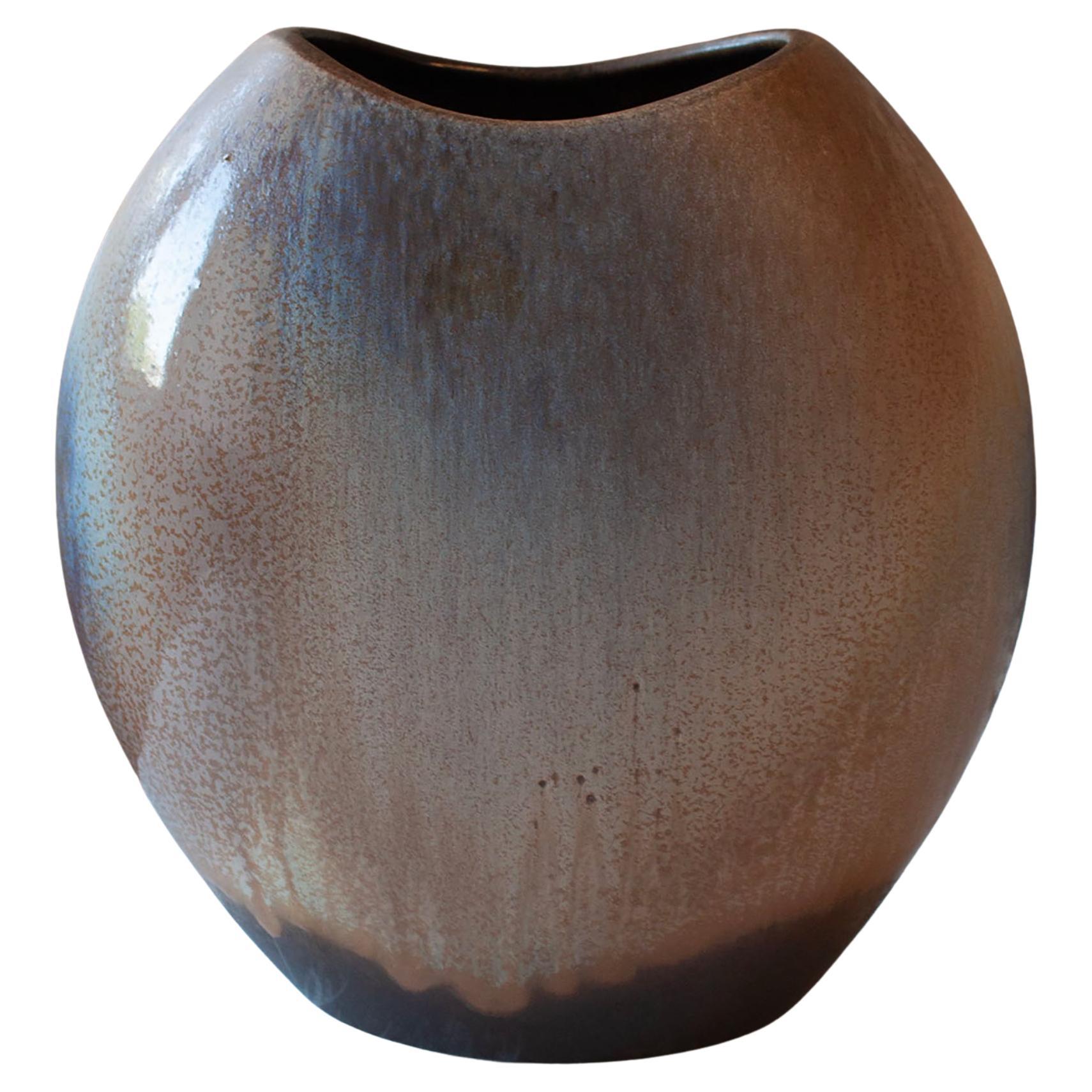 Ca 1970s Large Handcrafted German Studio Pottery Vase in Brown, blue Glaze For Sale