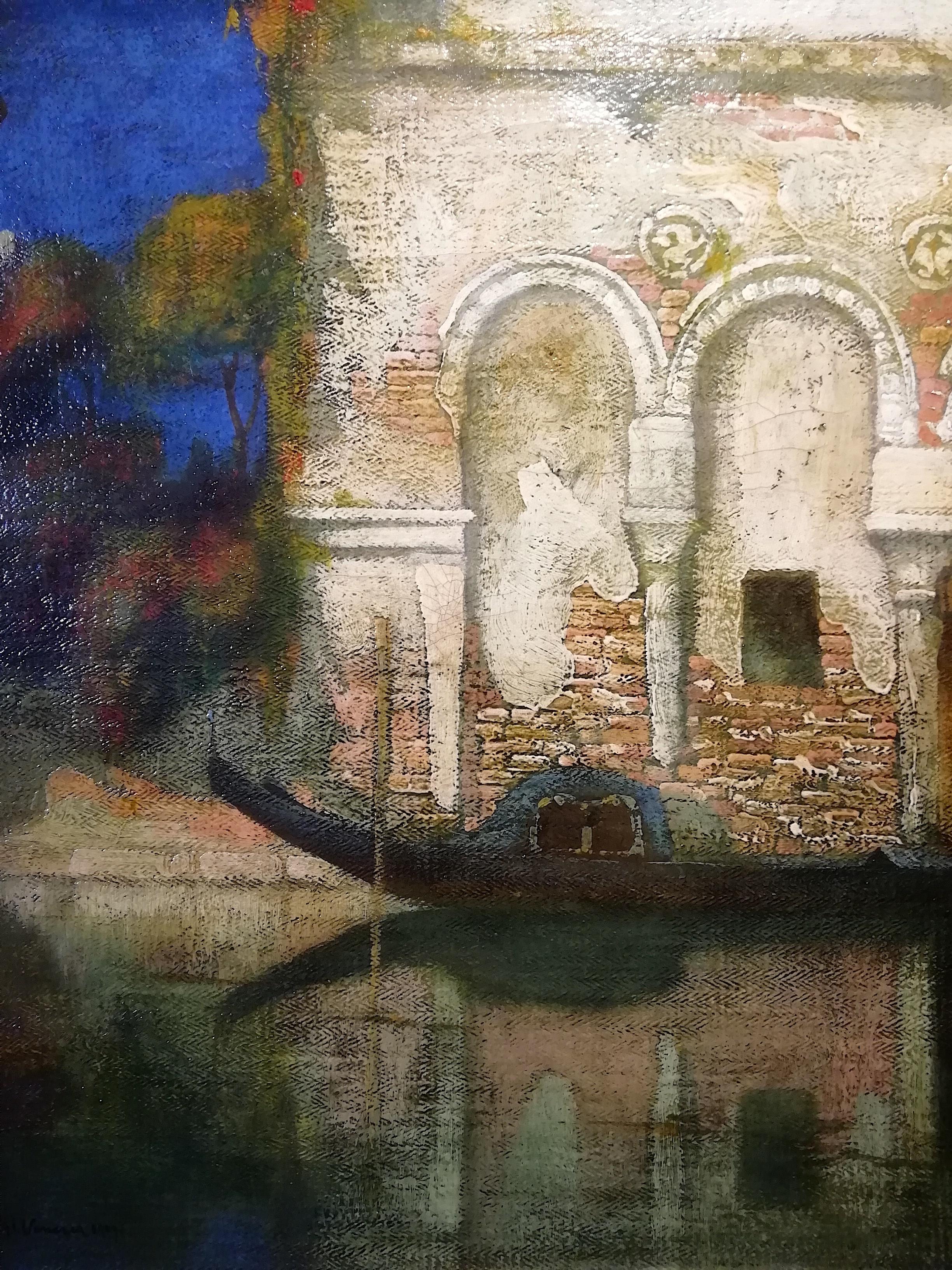 Oiled Cà da Mosto Palace in Venice, Favai 20th Century Oil on Canvas Italian Painting For Sale