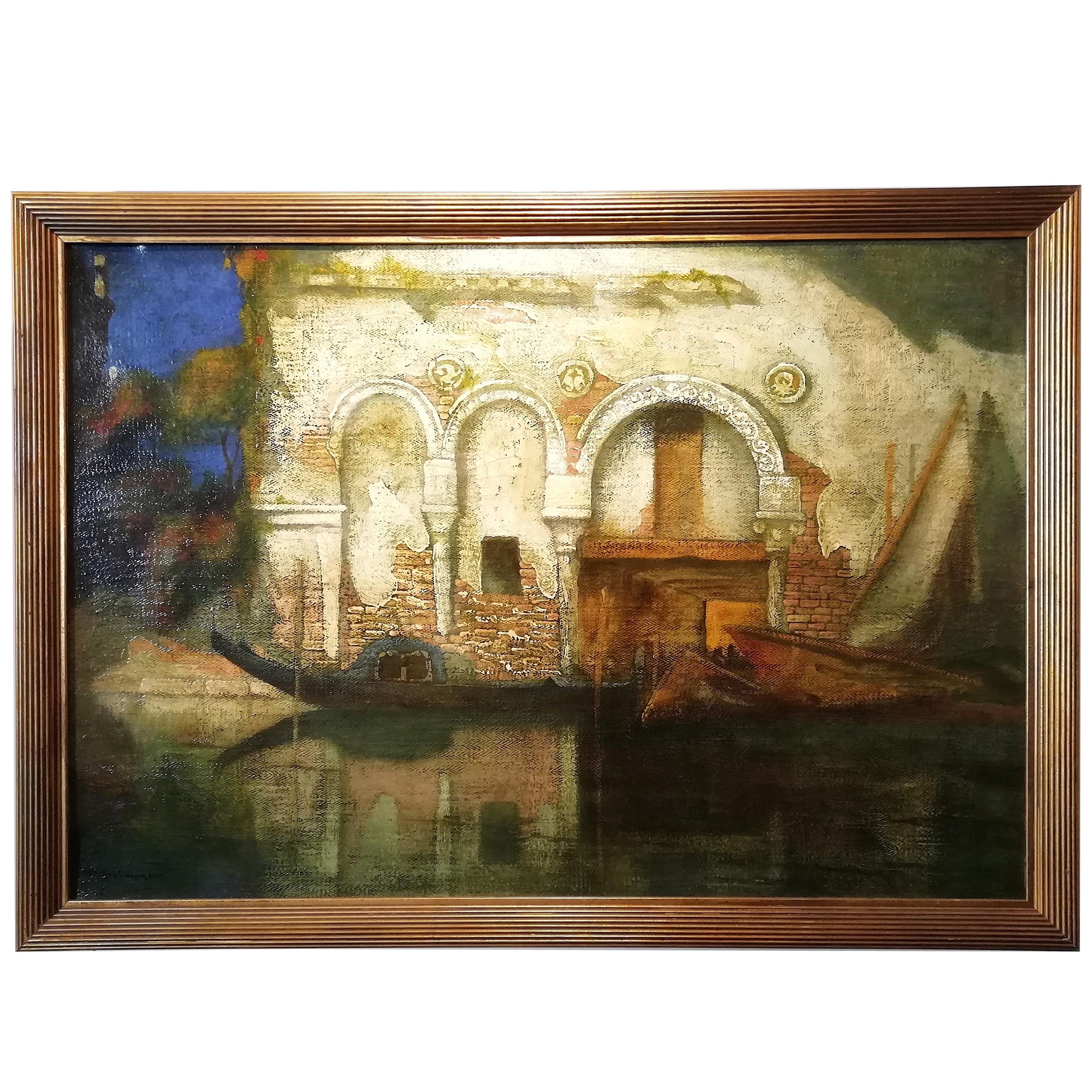 Cà da Mosto Palace in Venice, Favai 20th Century Oil on Canvas Italian Painting For Sale