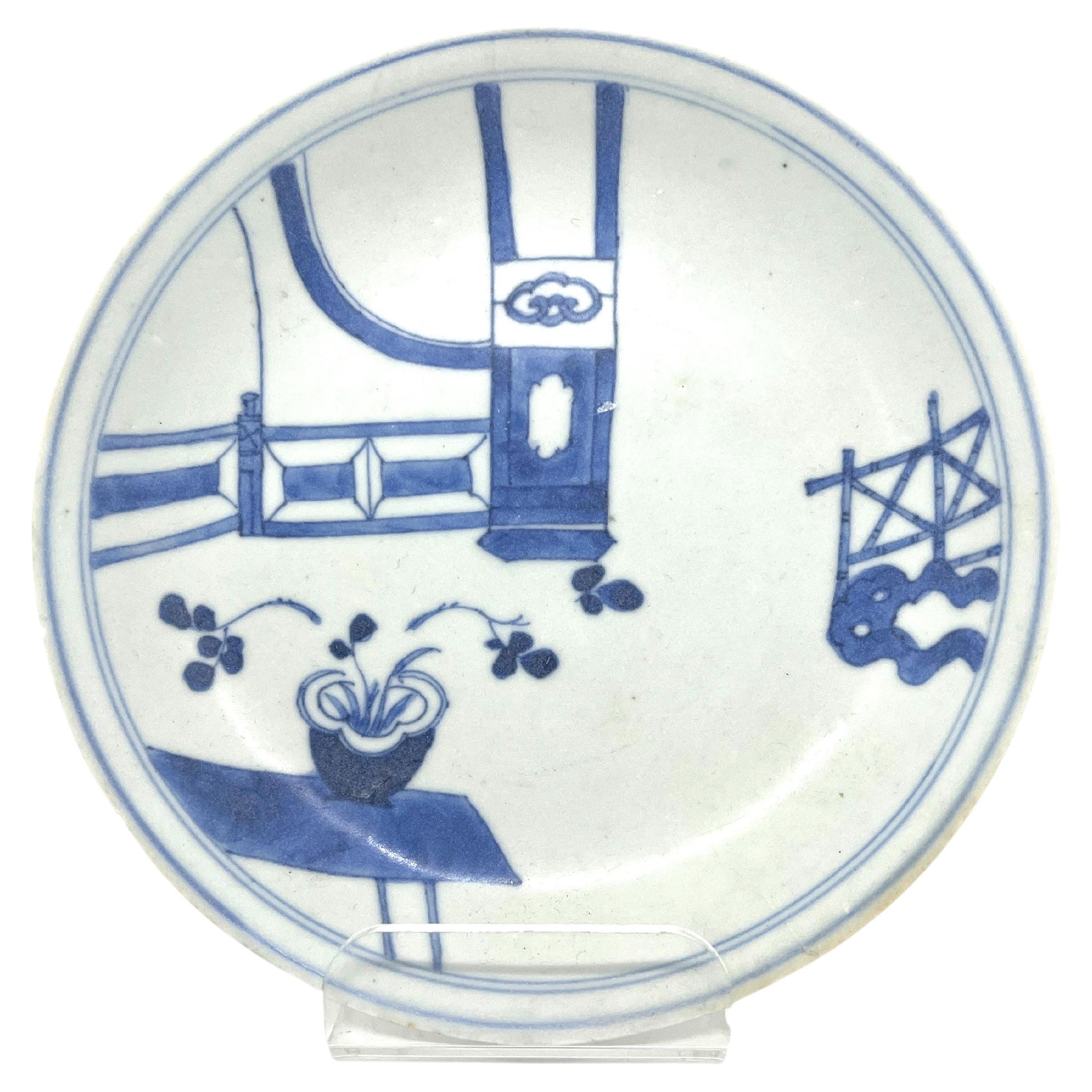 'Imari Pavilion' Pattern Blue And White Dish C 1725, Qing Dynasty, Yongzheng Era