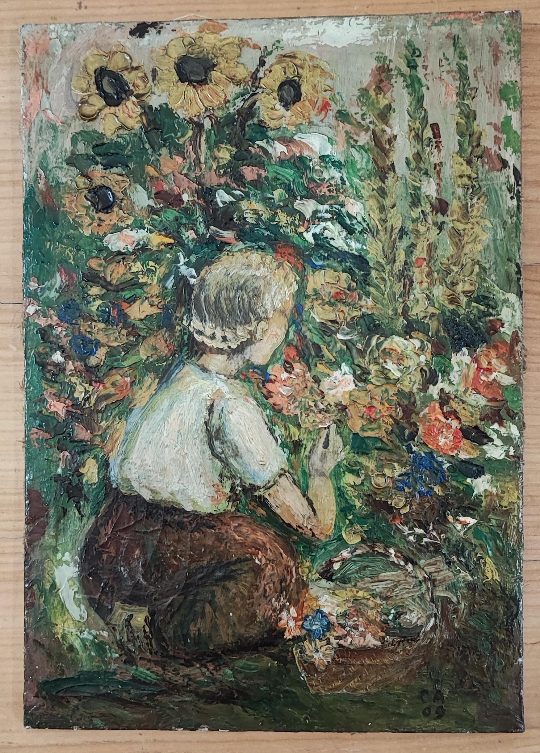 Junges Mädchen, das Blumen pflückt – Painting von C.A.