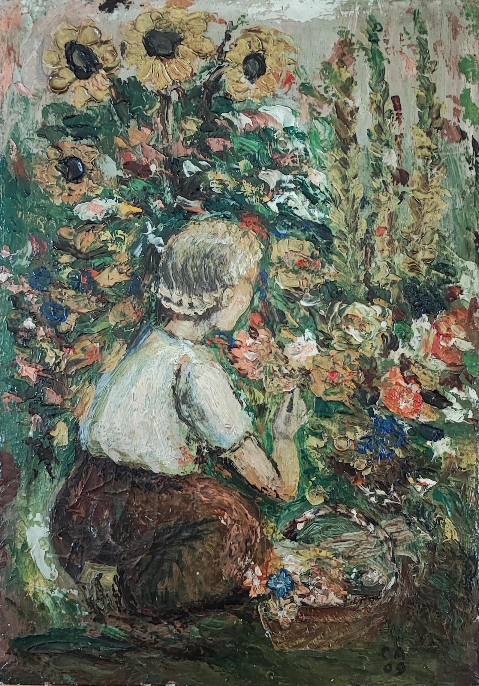 C.A. Figurative Painting - Young girl picking flowers
