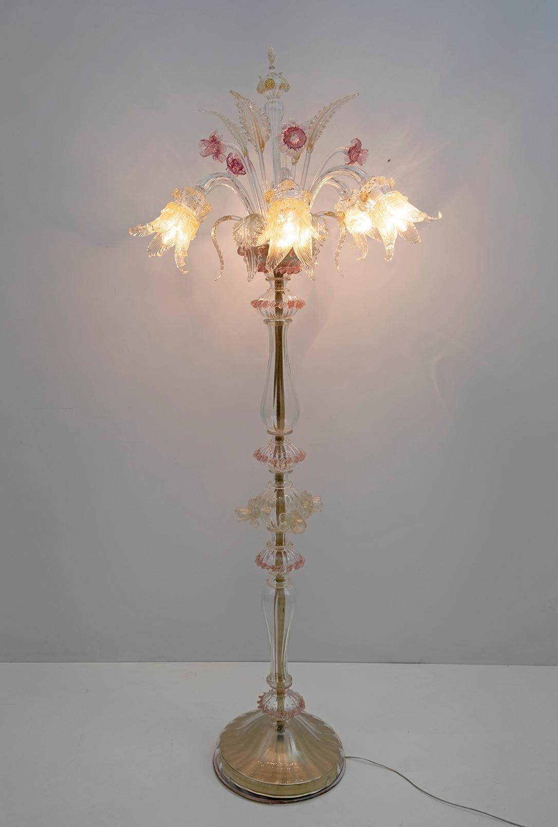 Baroque Lampadaire à 6 bras en verre de Murano soufflé Rezzonico, Italie, années 1950 en vente