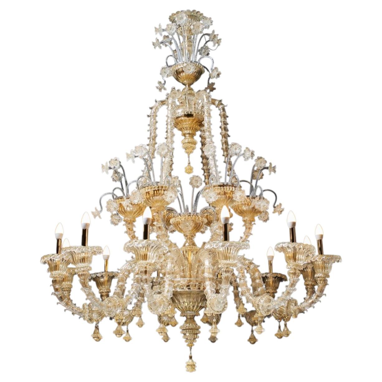 Ca Rezzonico I 12 Lights Chandelier in Gold Plate and Murano Glass by Aggiolight