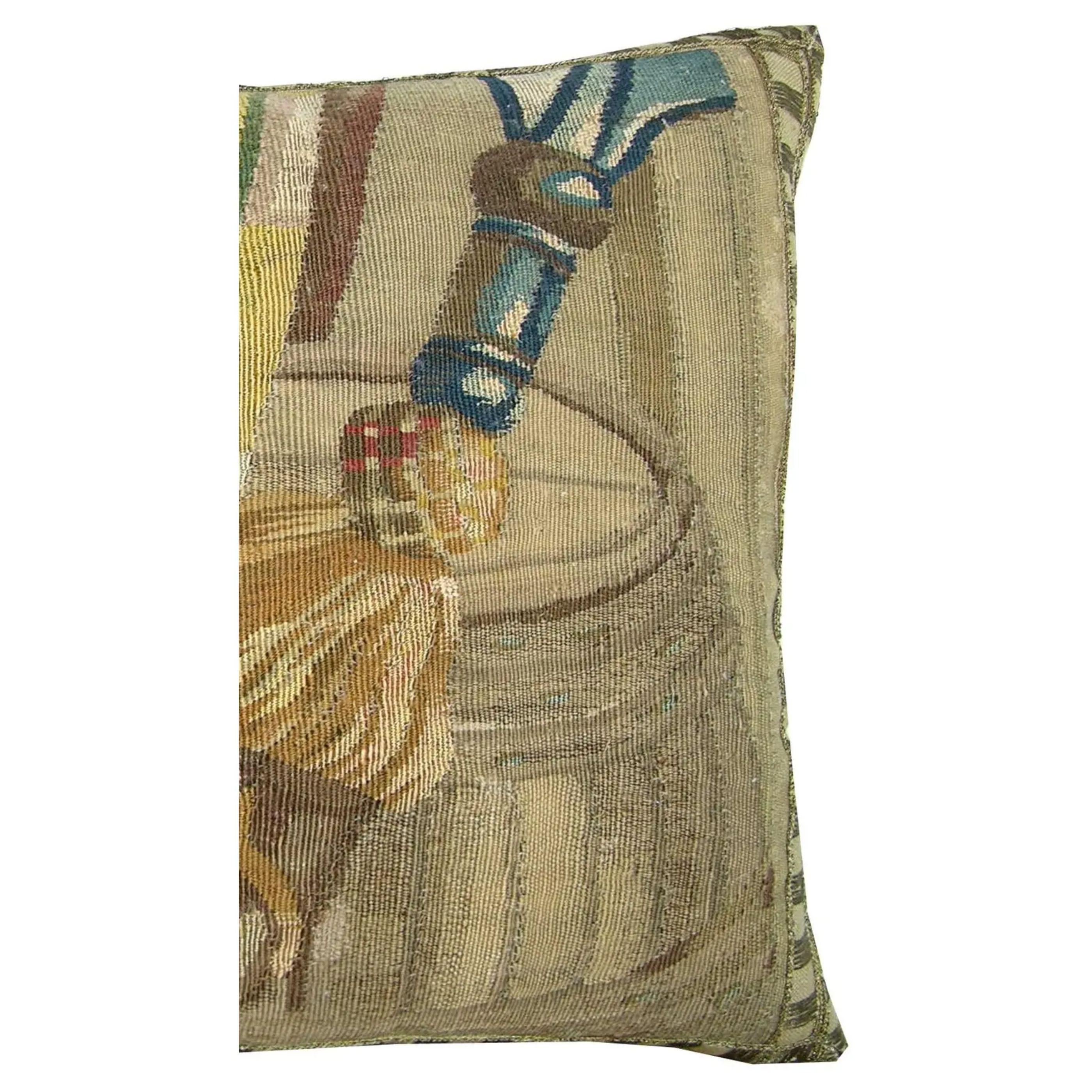Ca.1700 Antique Brussels Tapestry Pillow - 19'' X 14'', Wool, Empire Traditional, Handmade and Needlework,