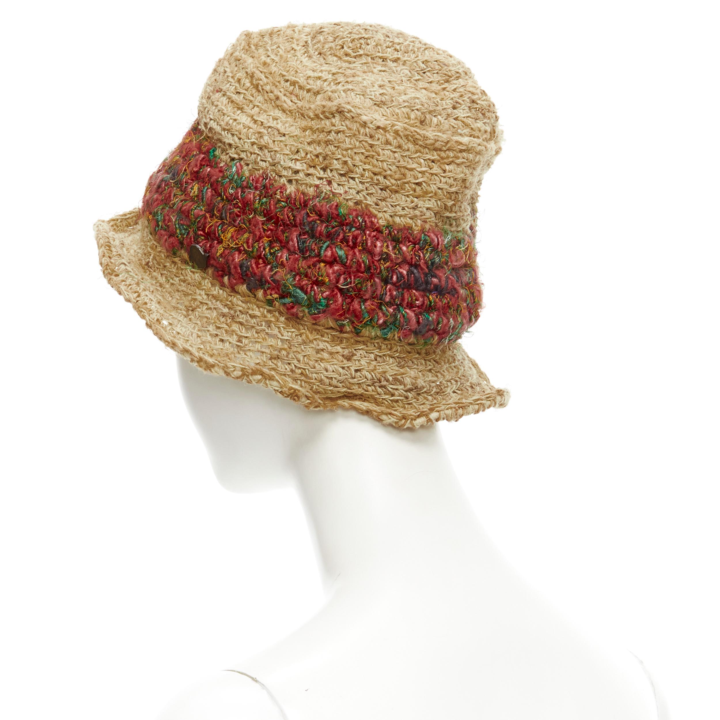 Beige CA4LA raffia srtas natural brown red embroidery Penny coin charm bucket hat