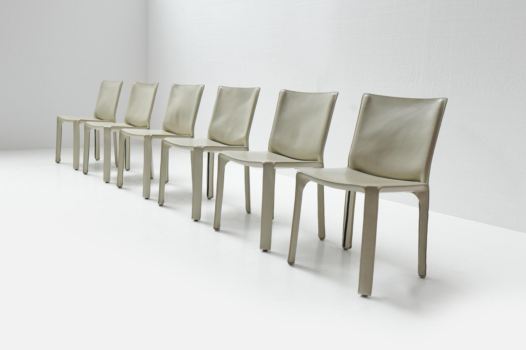 Mid-Century Modern Cab 412 Grey Leather Vintage Dining Chairs by Mario Bellini for Cassina