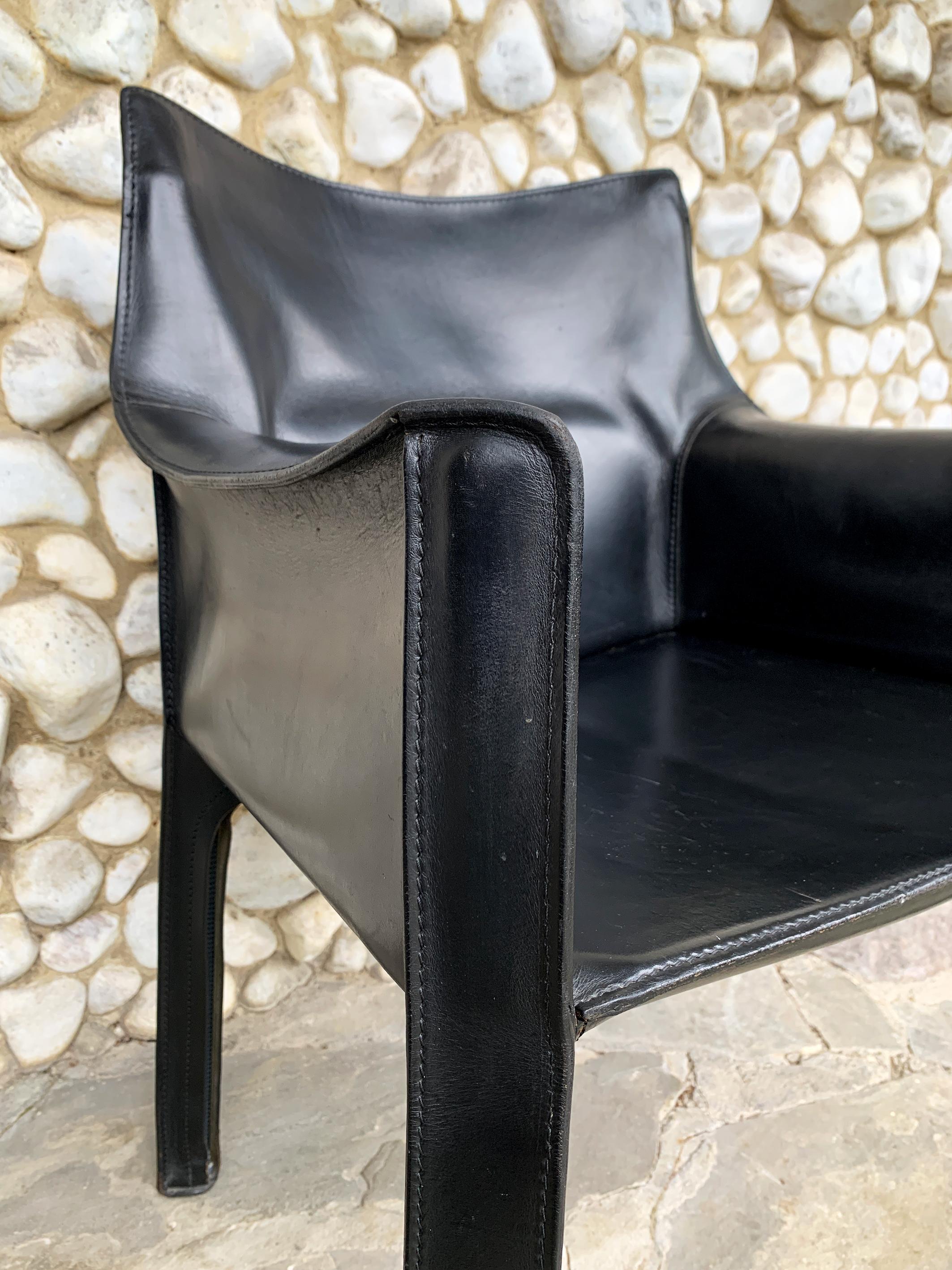 Steel CAB 413 Armchair in Black Leather by Mario Bellini for Cassina, 1980s For Sale