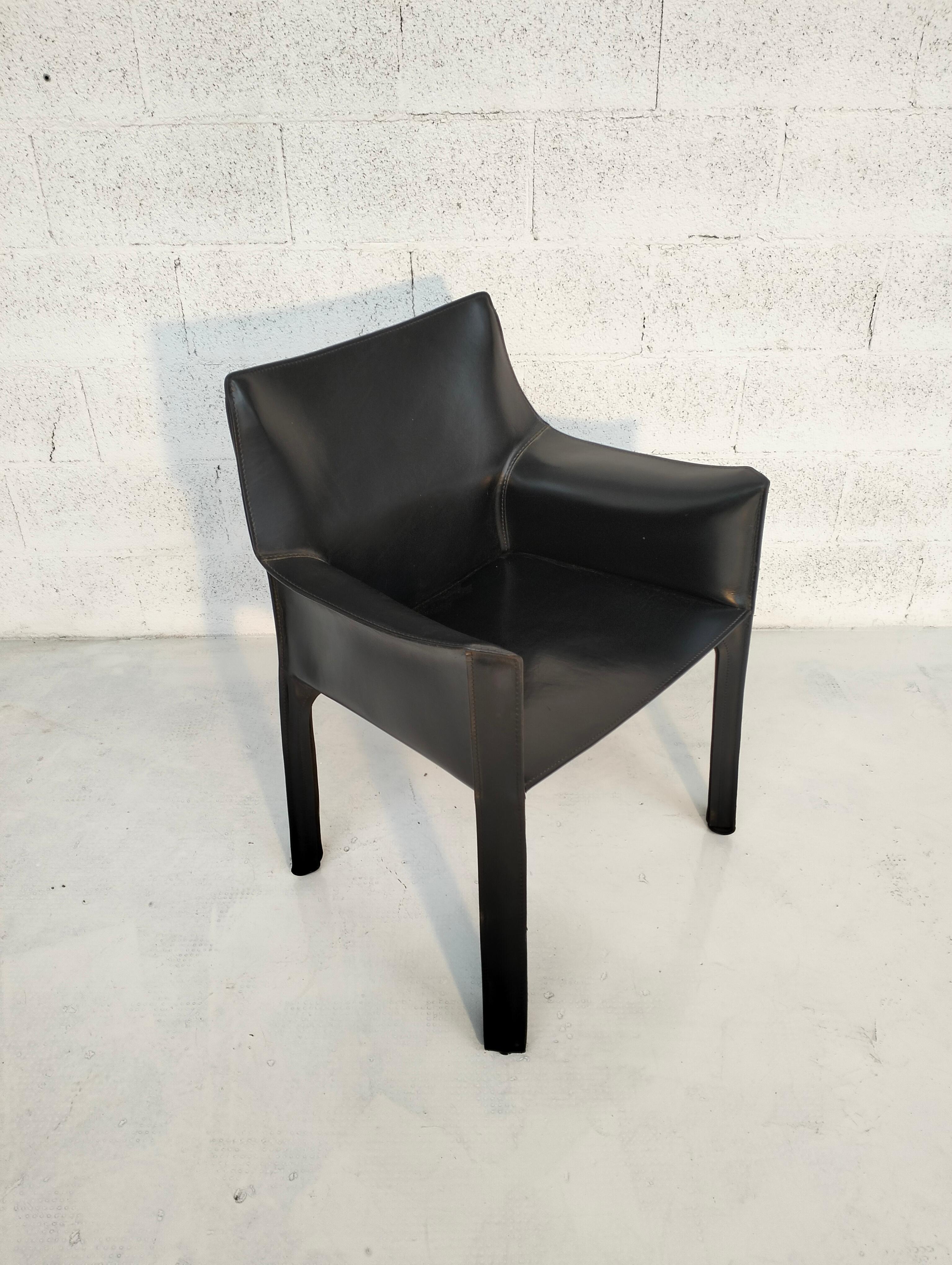 Mid-Century Modern Cab 413 black leather armchair by Mario Bellini for Cassina, Italy, 70's
