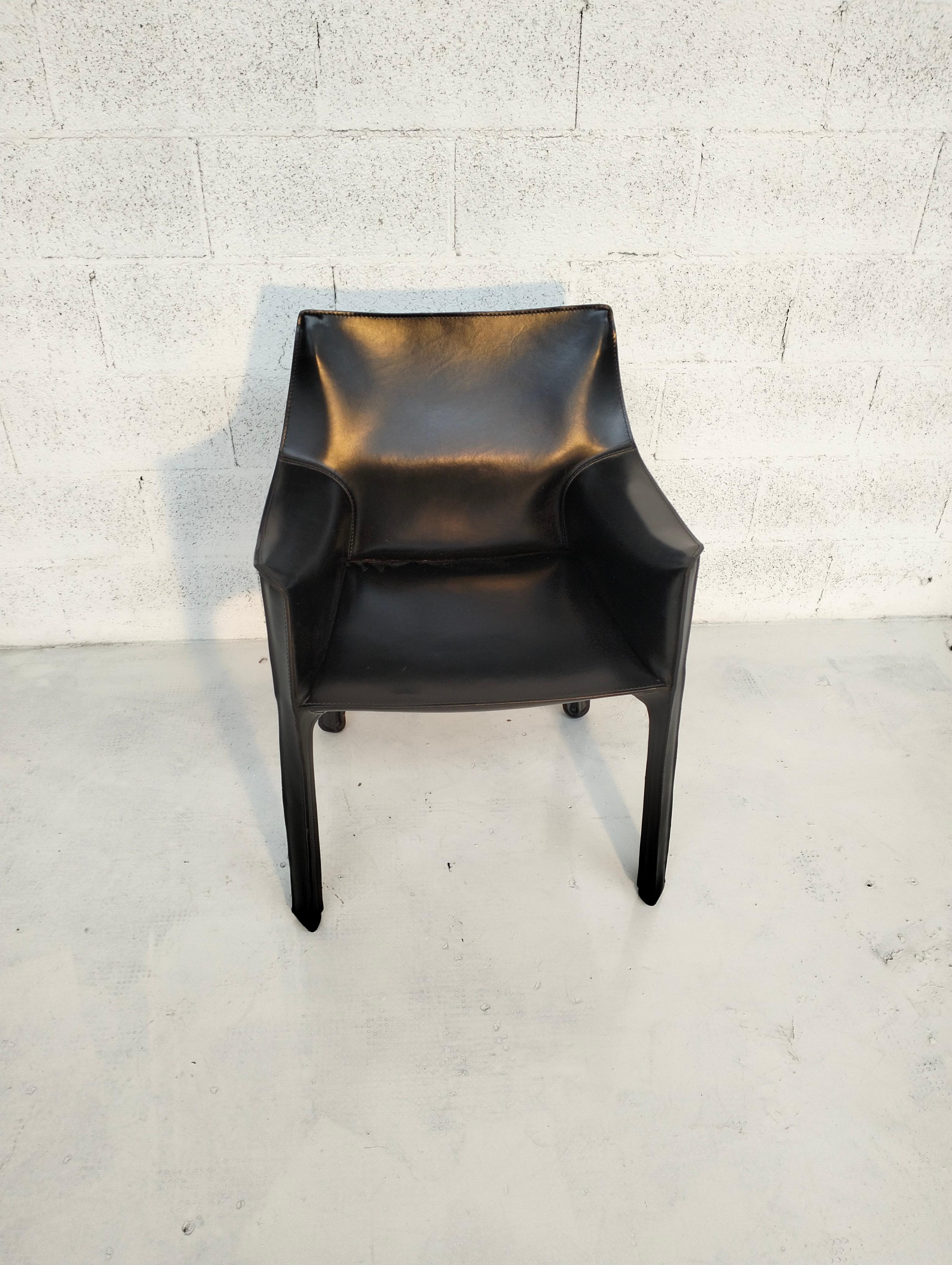 Late 20th Century Cab 413 black leather armchair by Mario Bellini for Cassina, Italy, 70's