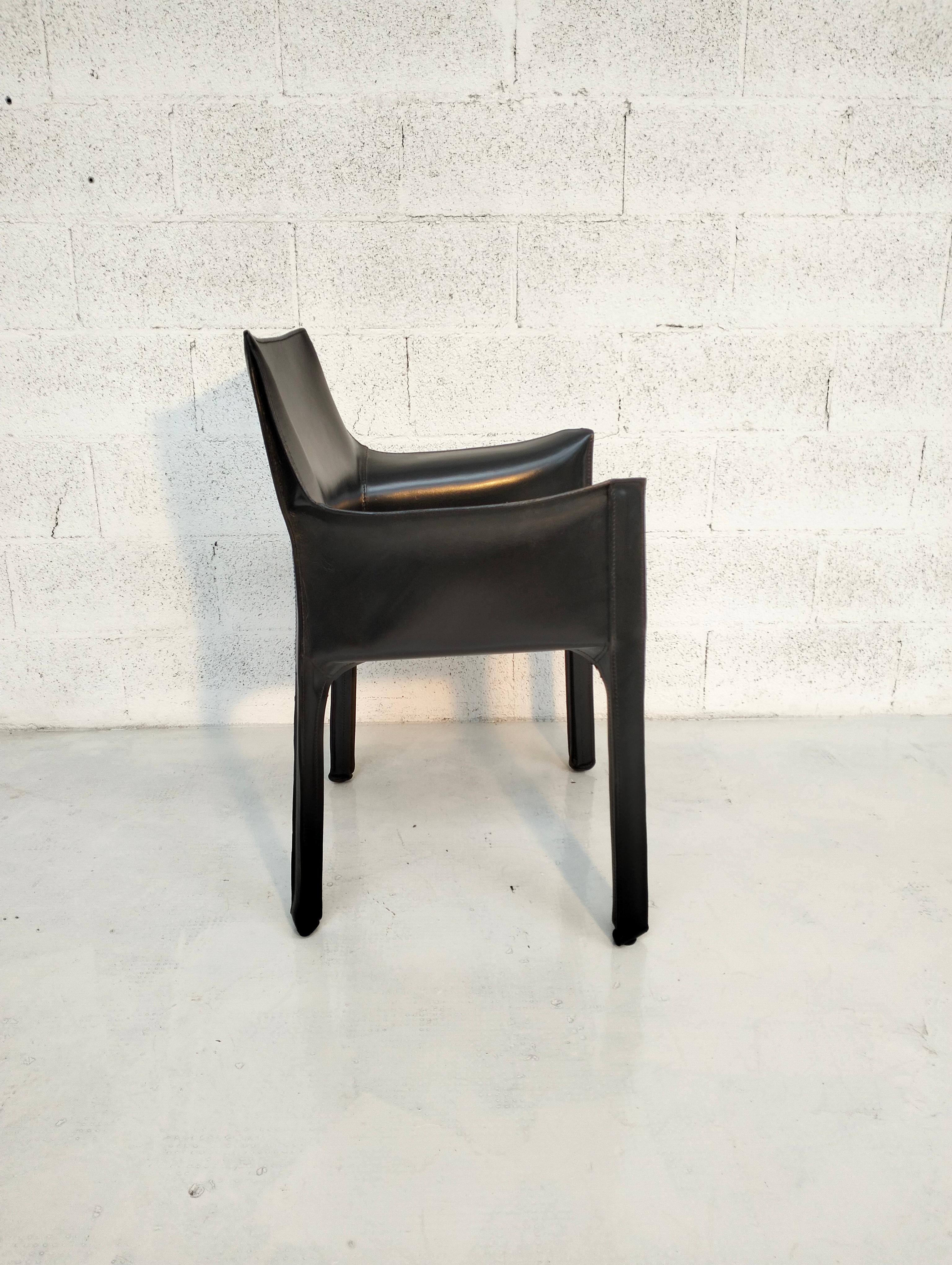 Metal Cab 413 black leather armchair by Mario Bellini for Cassina, Italy, 70's