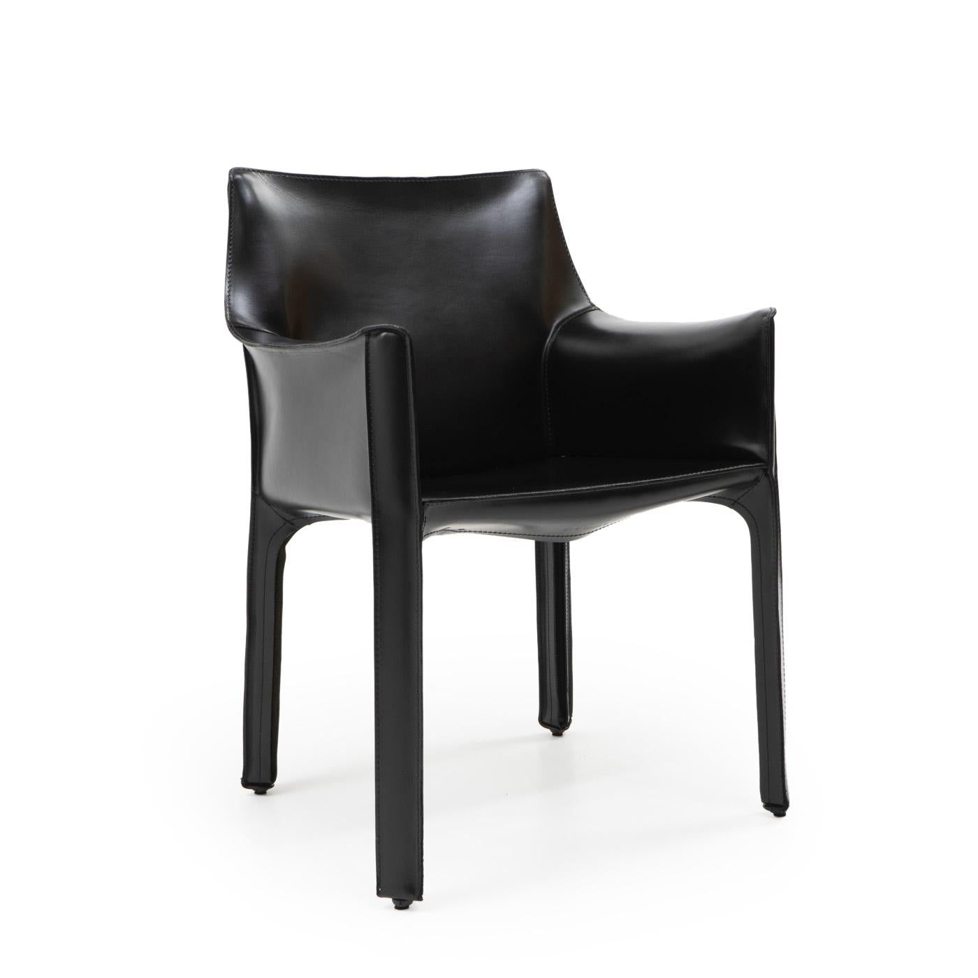 Cab 413 arm chair in black leather by Mario Bellini for Cassina:

The Cab chair is built up as a tubular frame over which thick saddle leather is fitted; the leather skin is kept in place with zippers on the inside legs.

A wonderful piece of