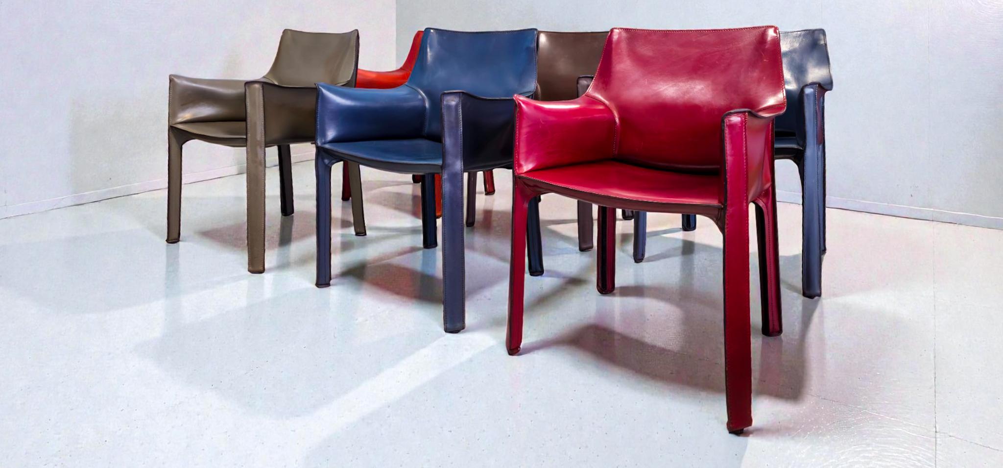Cab 413 Set of Six Armchairs in Multicolor Leather by Mario Bellini for Cassina Italiano en venta