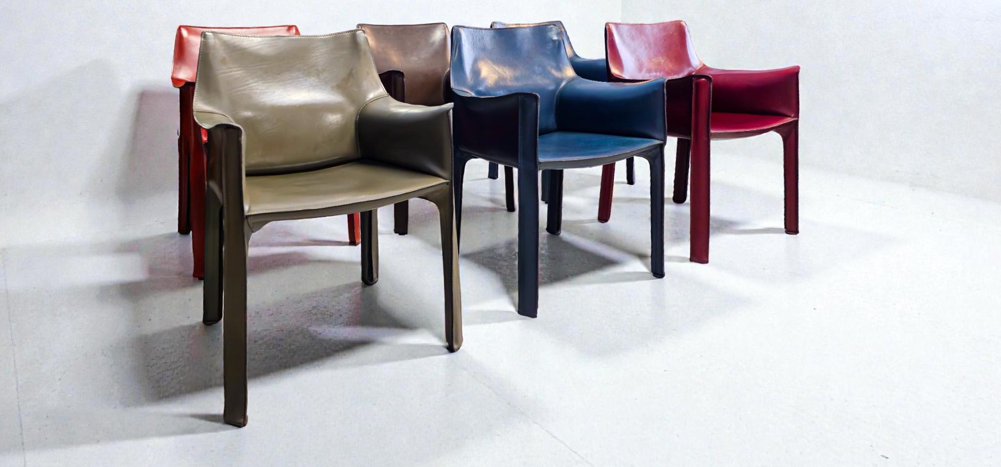 Cab 413 Set of Six Armchairs in Multicolor Leather by Mario Bellini for Cassina en Bueno estado para la venta en Traversetolo, IT