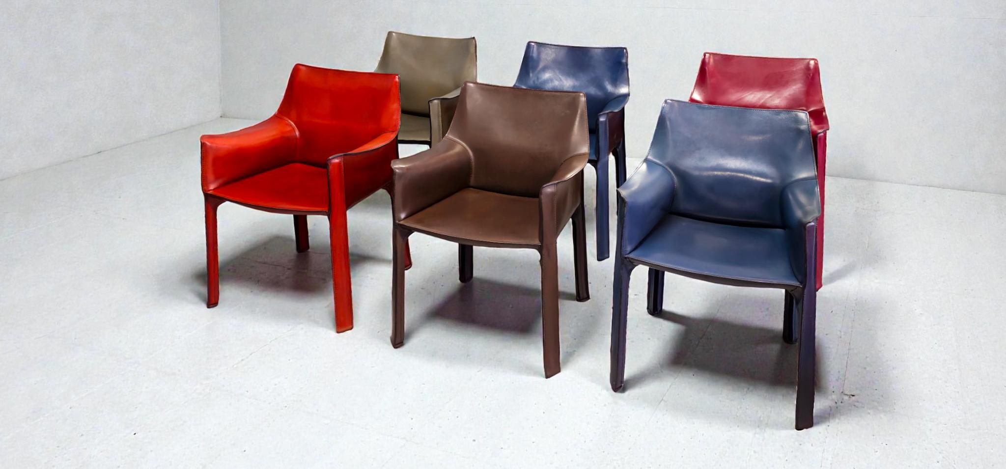 Cab 413 Set of Six Armchairs in Multicolor Leather by Mario Bellini for Cassina finales del siglo XX en venta