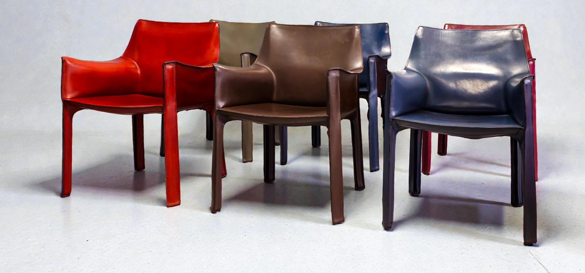 Cab 413 Set of Six Armchairs in Multicolor Leather by Mario Bellini for Cassina Acero en venta