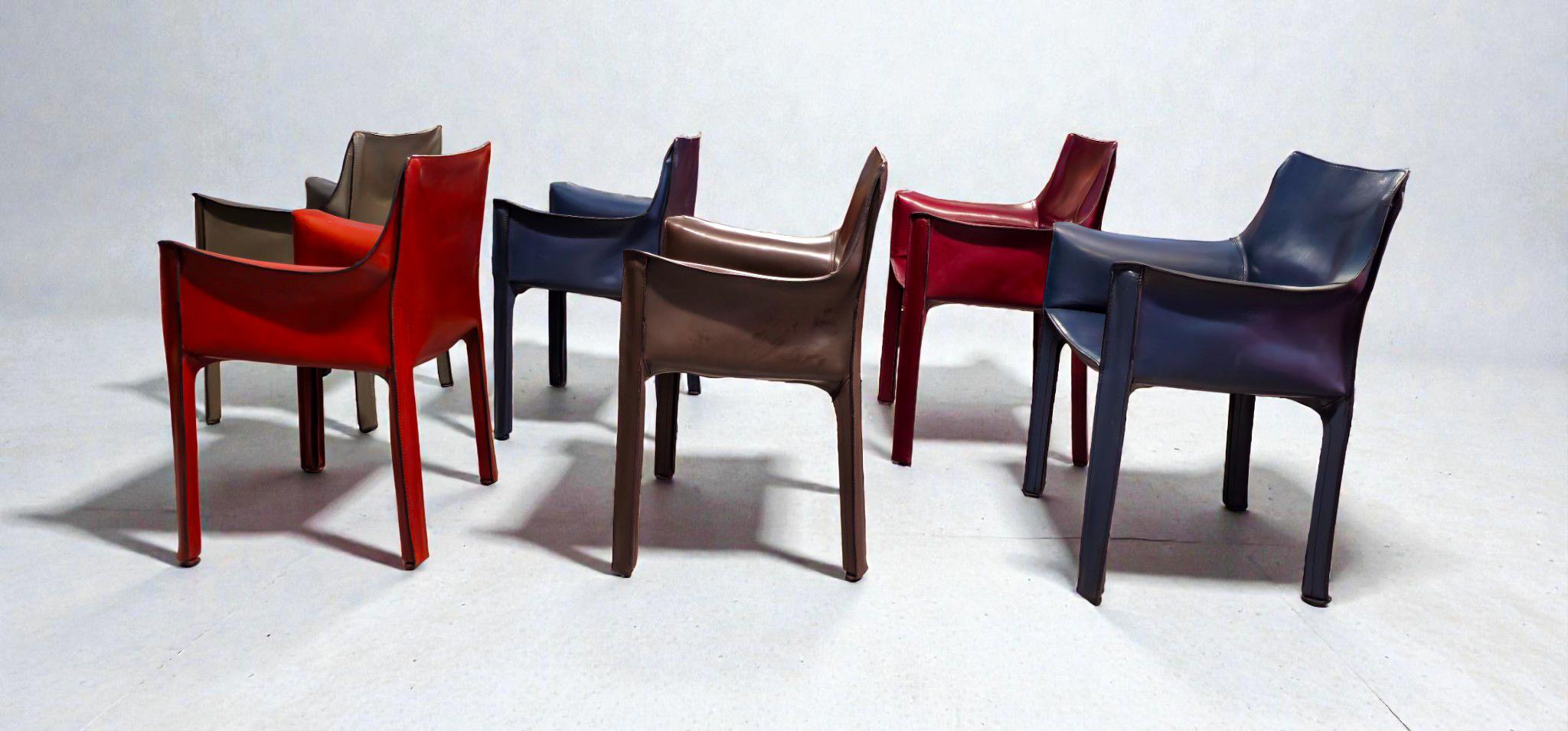 Cab 413 Set of Six Armchairs in Multicolor Leather by Mario Bellini for Cassina en venta 1
