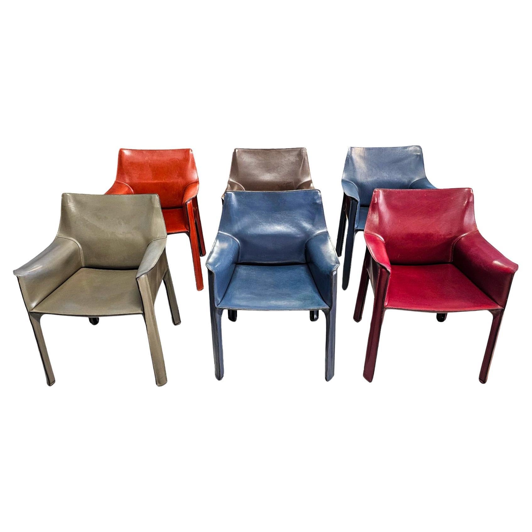 Cab 413 Set of Six Armchairs in Multicolor Leather by Mario Bellini for Cassina en venta