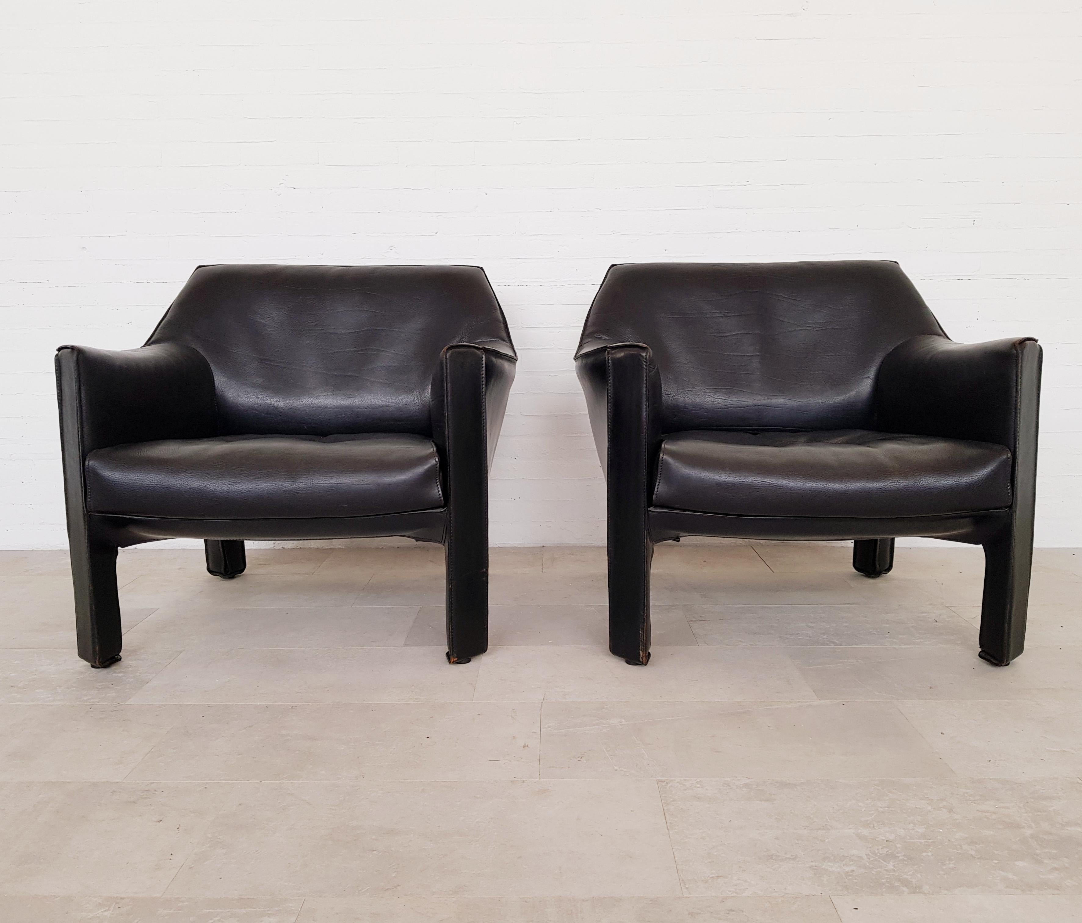 CAB 415 Black Leather Lounge Chairs by Mario Bellini for Cassina, 1980s 1