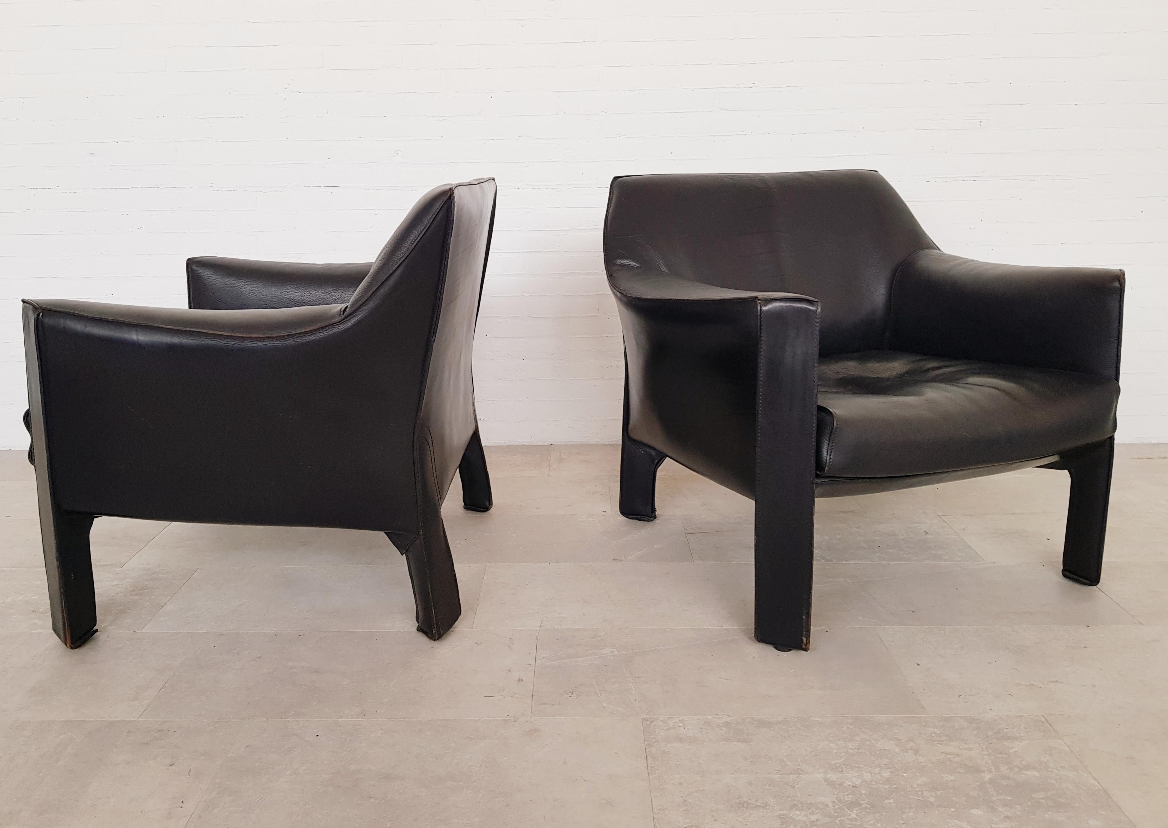 CAB 415 Black Leather Lounge Chairs by Mario Bellini for Cassina, 1980s In Good Condition In Antwerp, BE