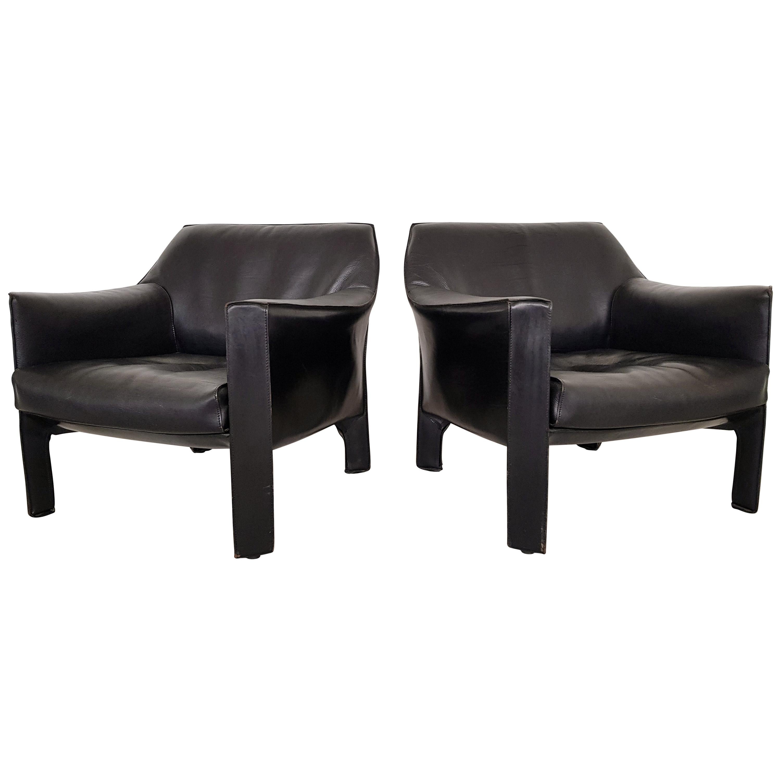 CAB 415 Black Leather Lounge Chairs by Mario Bellini for Cassina, 1980s