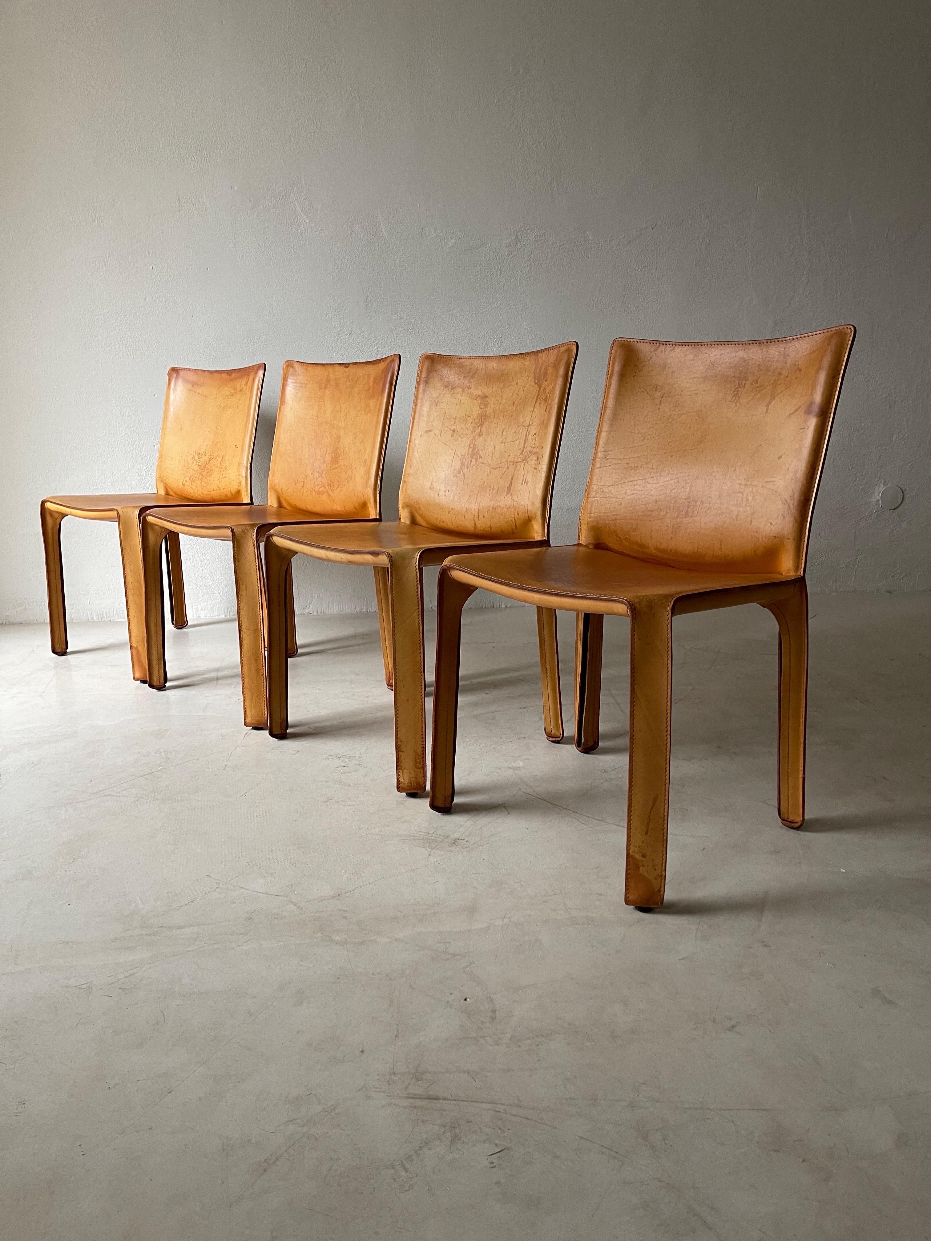 CAB chairs with patinated Cognac leather design Mario Bellini Cassina, Italy 1970s.
