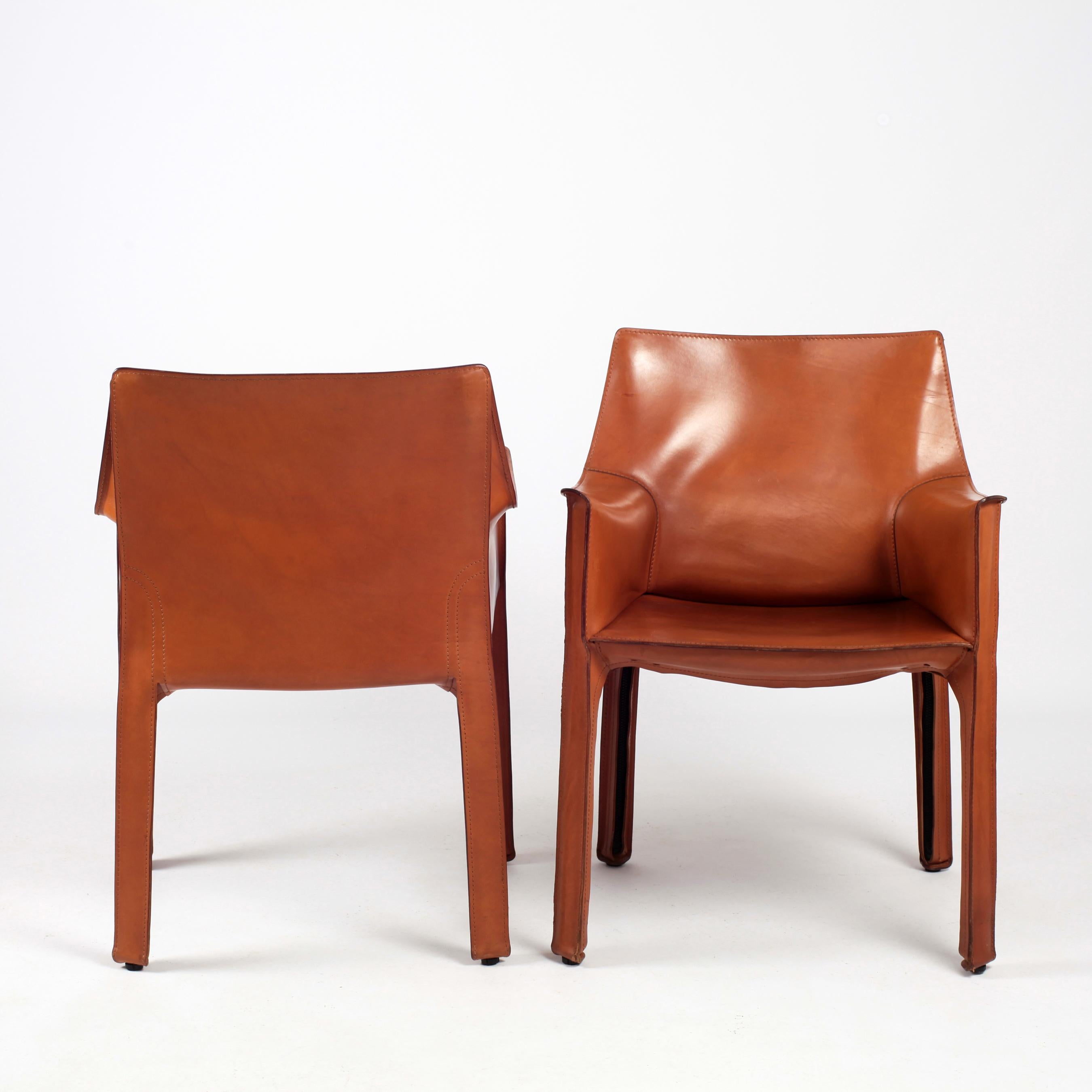 Set of 6 iconic leather Cab side chairs designed by Mario Bellini for Cassina.
Nice patina and very comfy.
Labelled.
    