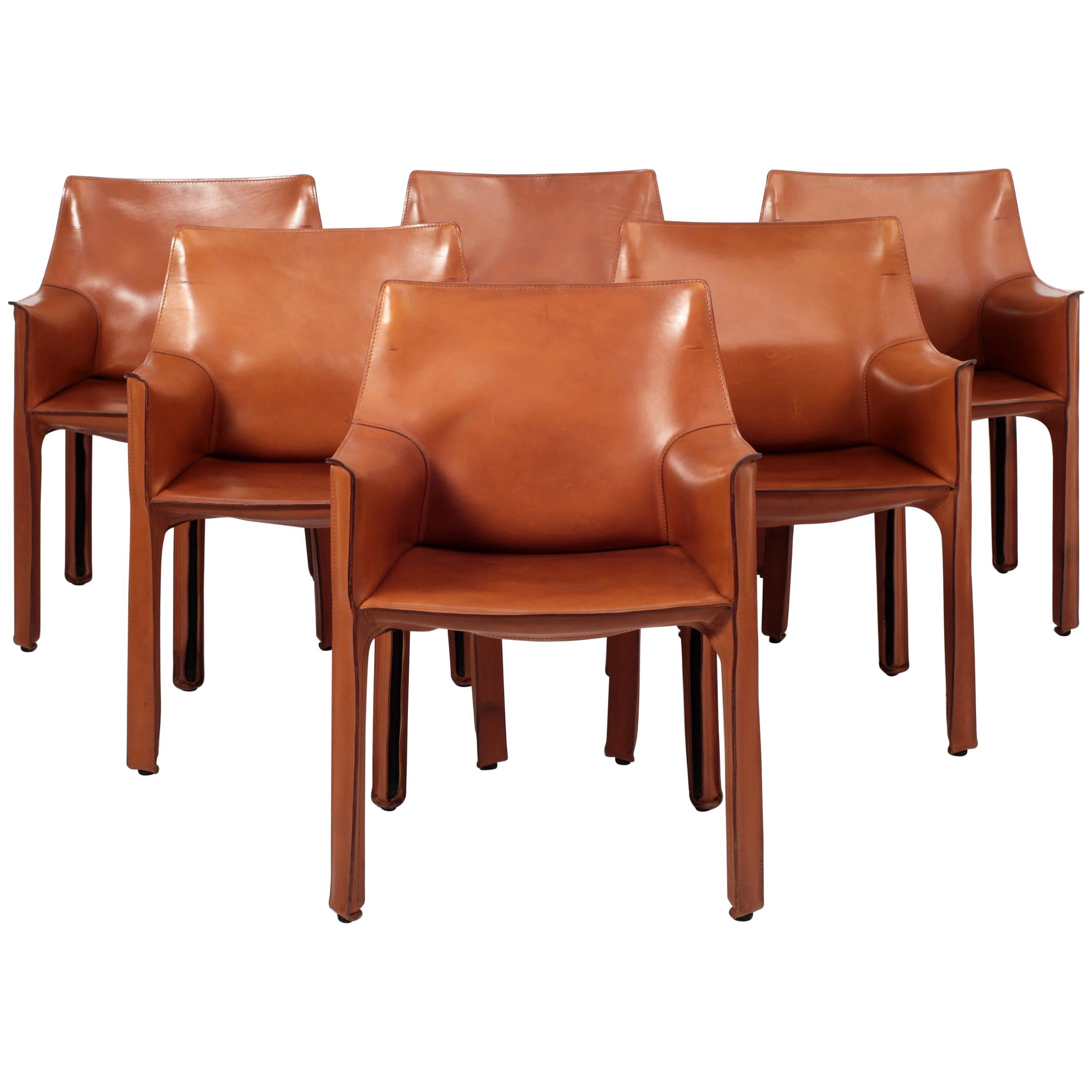 Cab Leather Armchairs by Mario Bellini for Cassina Set of Six Italy 1980s