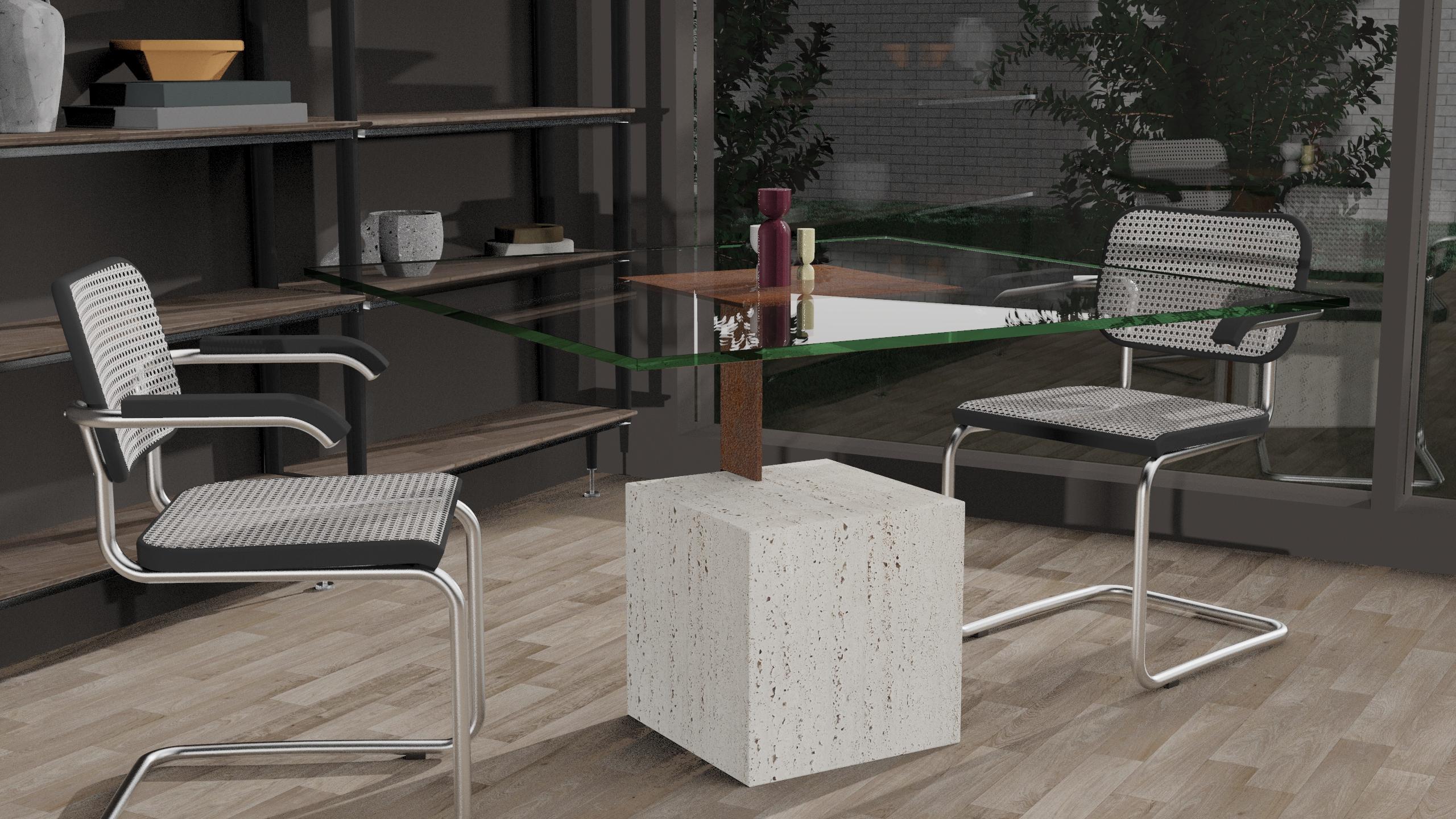 Crystal Cabal Bespoke Italian Travertine Marble Oxid Iron Joaquin Moll Dining Table For Sale