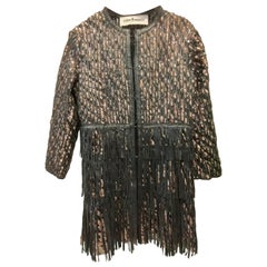 Romantische schwarze Lederjacke mit Pailletten und Fransen von Caban, Größe 42