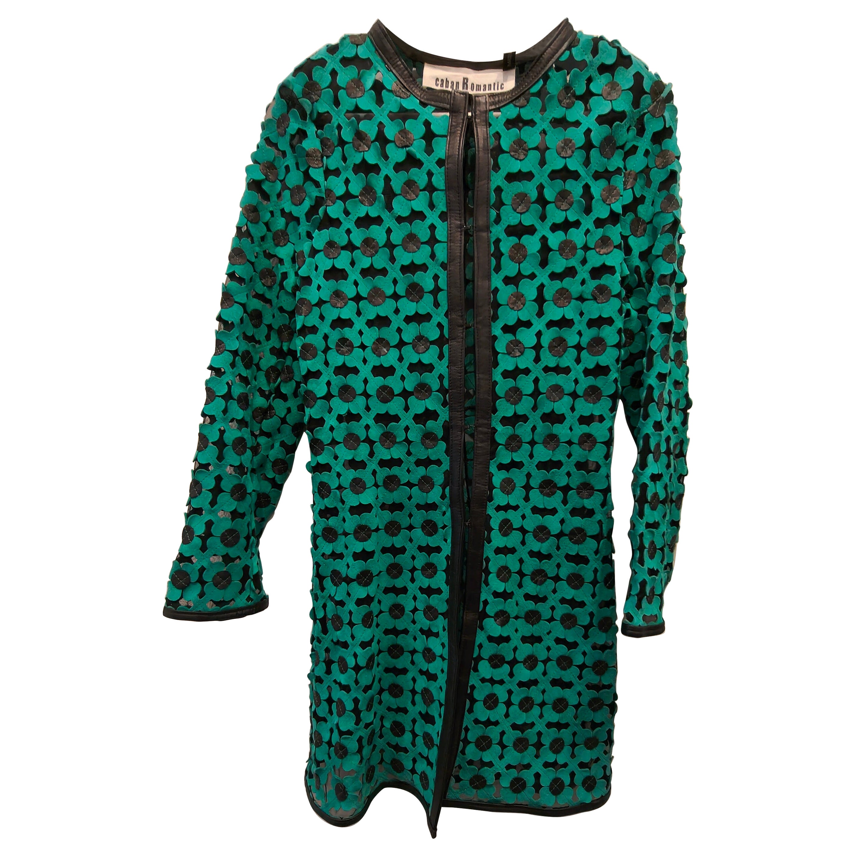 Caban Romantic organza green and black leather coat size 42 For Sale