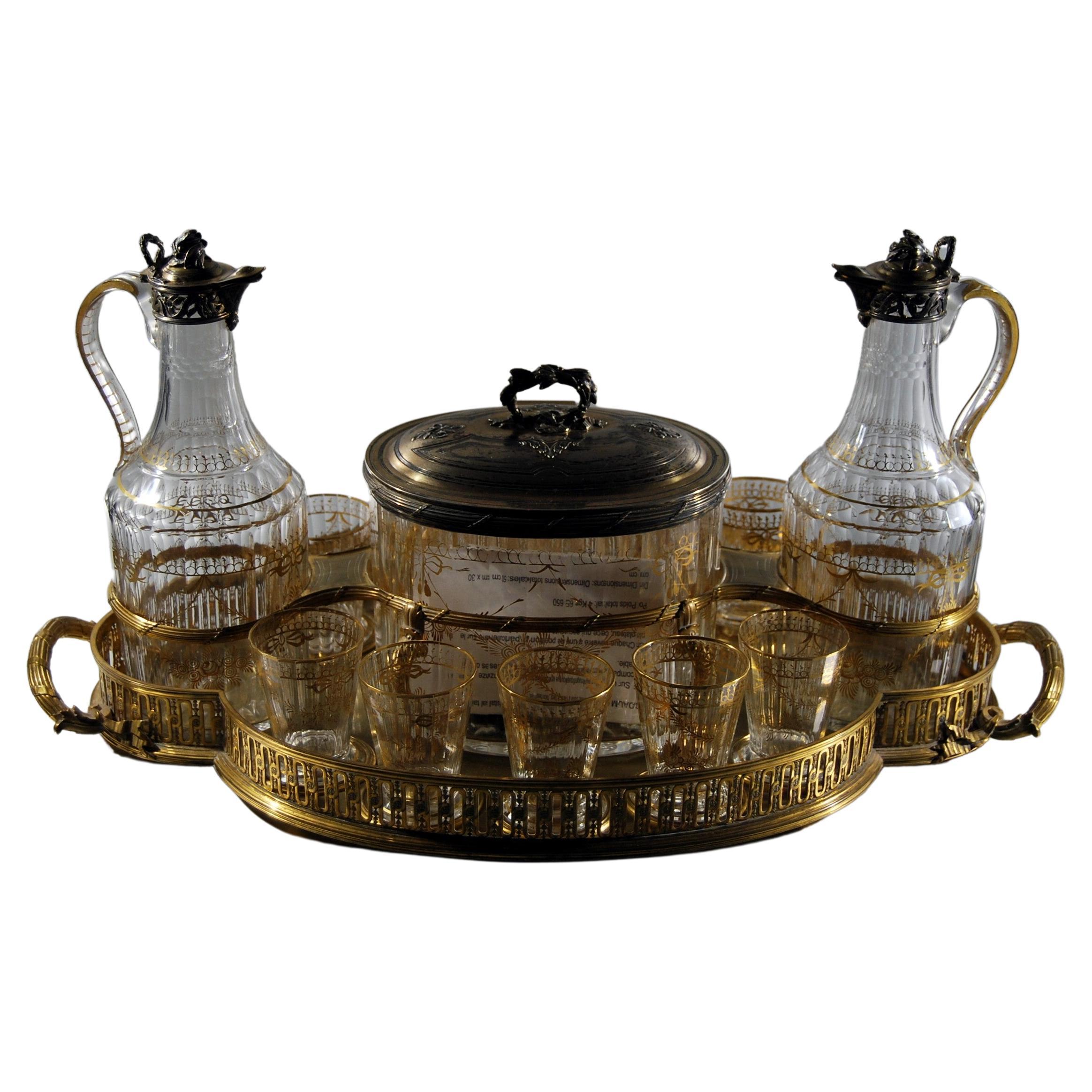 Cabaret Centerpiece for Aperitif Tea or Wine in Gilt Cut Glass Sterling Silver For Sale