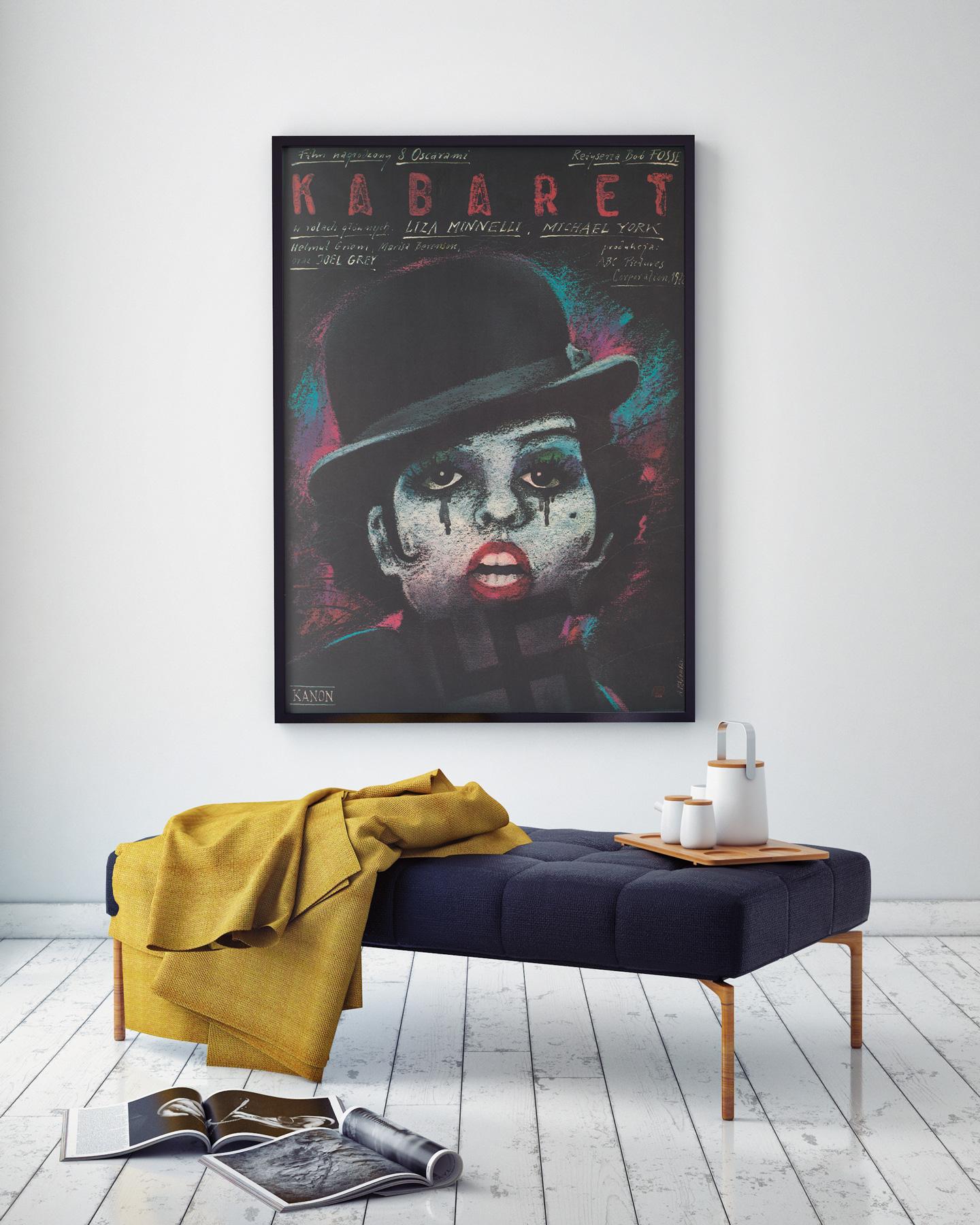Suitably dark, stunning design by Pagowski features on this original Polish film poster for classic Cabaret. This poster is for a re-release of the film in Poland in 1988.

The end of the Second World War marked the dawn of a new period in the