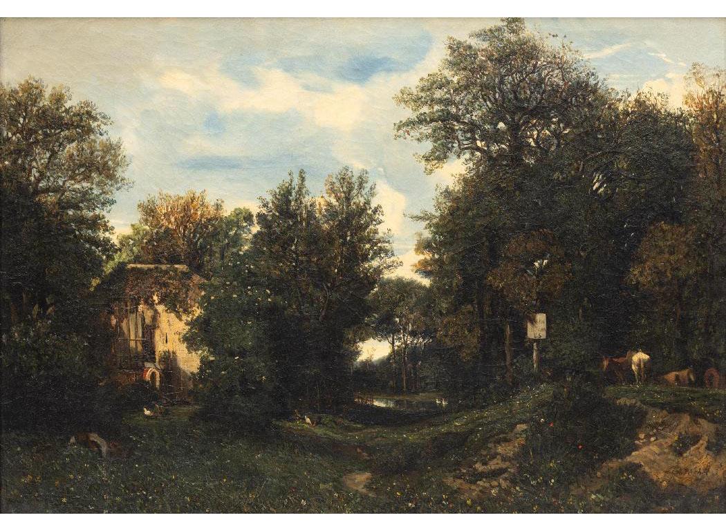Cottage Scene With Swans, oil on canvas, signed lower right