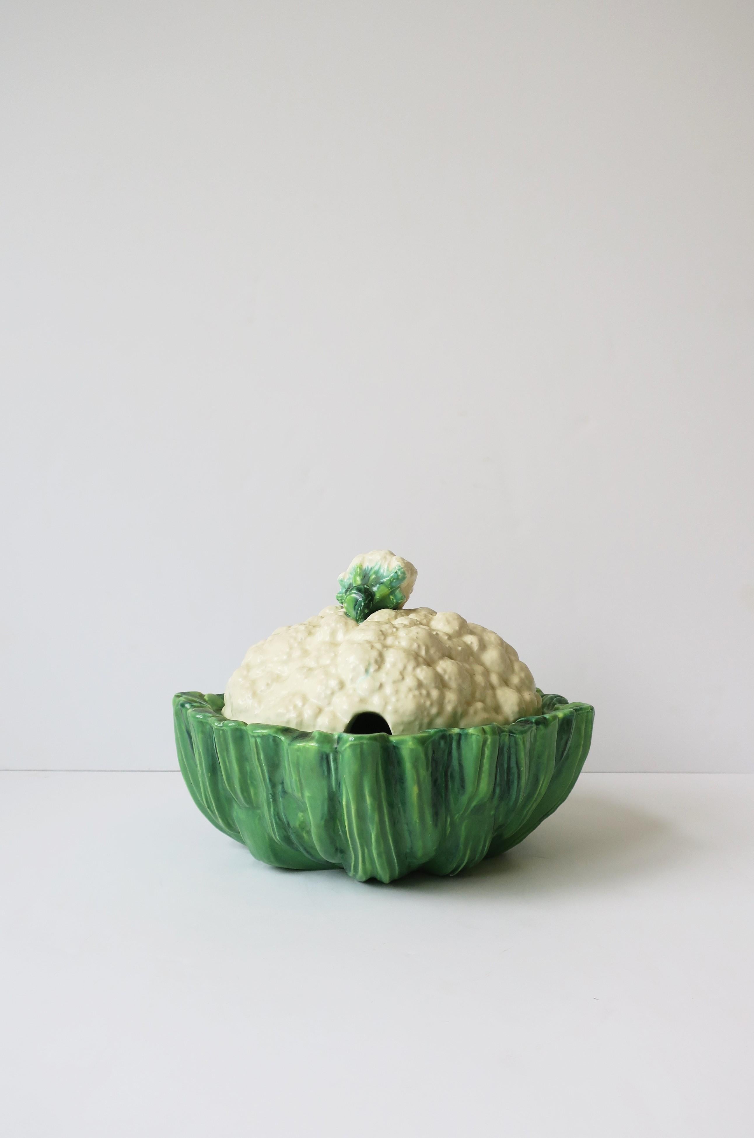 Glazed Cabbage Cauliflower Vegetable Soup Tureen Bowl in White and Green For Sale