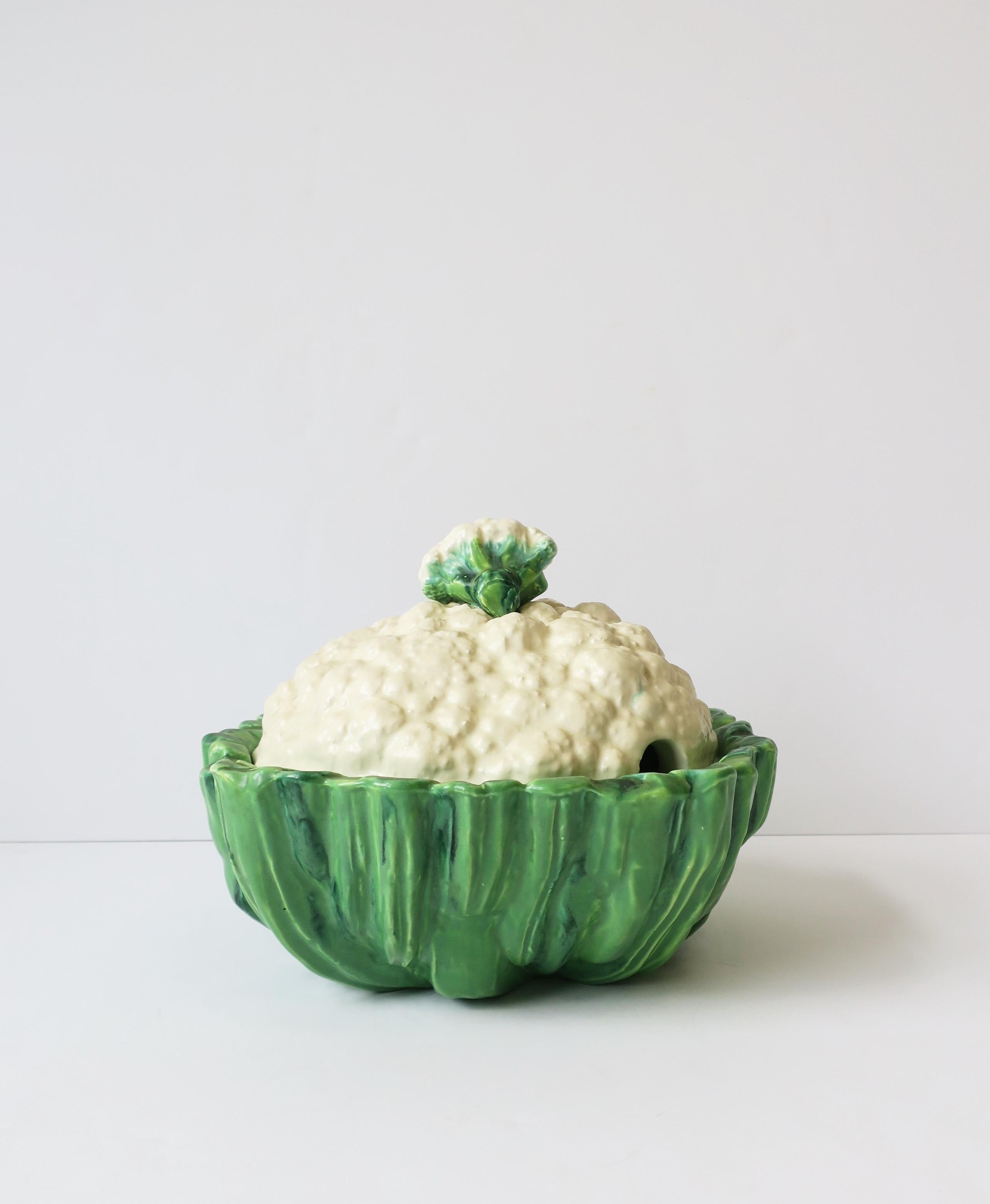 Cabbage Cauliflower Vegetable Soup Tureen Bowl in White and Green In Good Condition For Sale In New York, NY