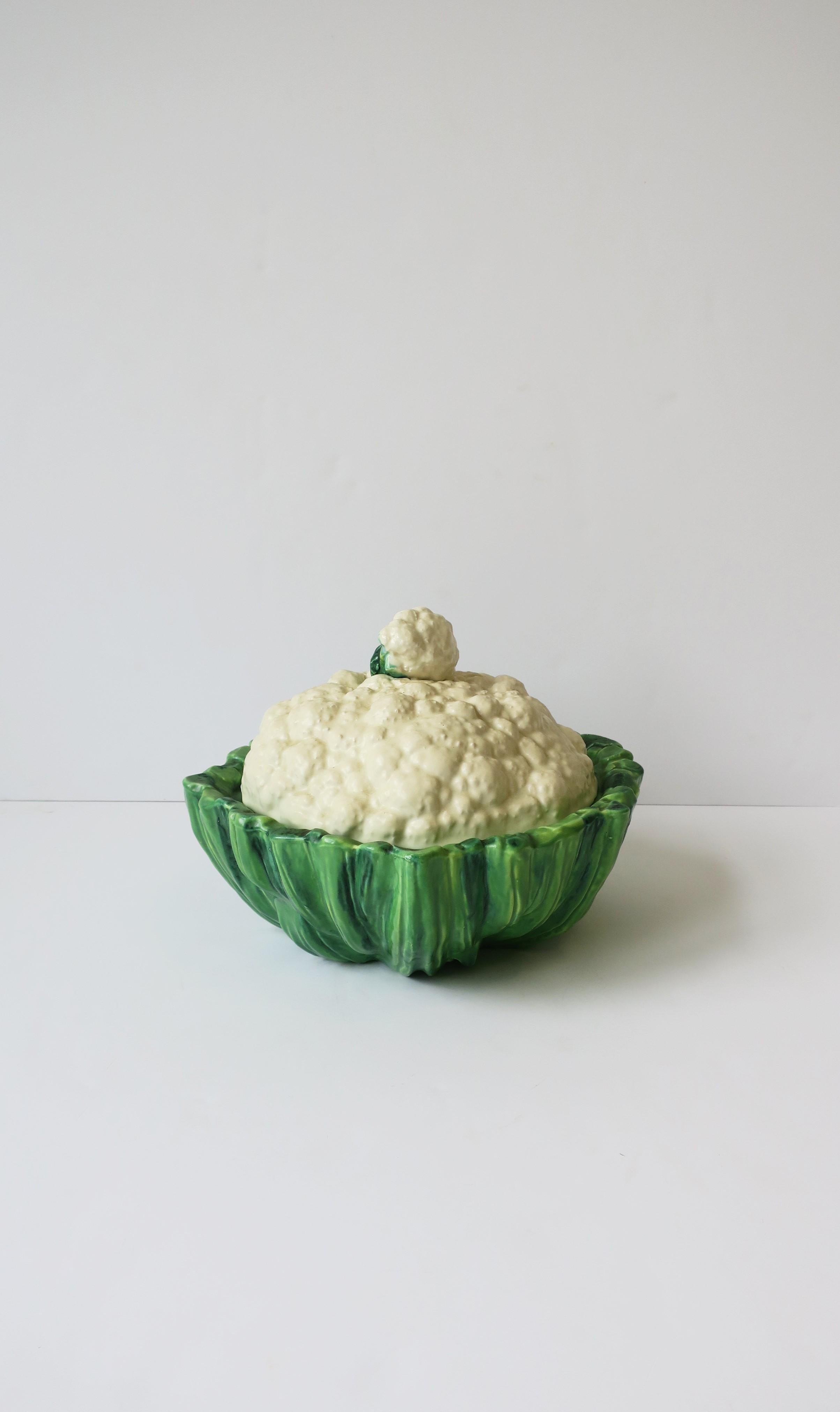 Ceramic Cabbage Cauliflower Vegetable Soup Tureen Bowl in White and Green For Sale