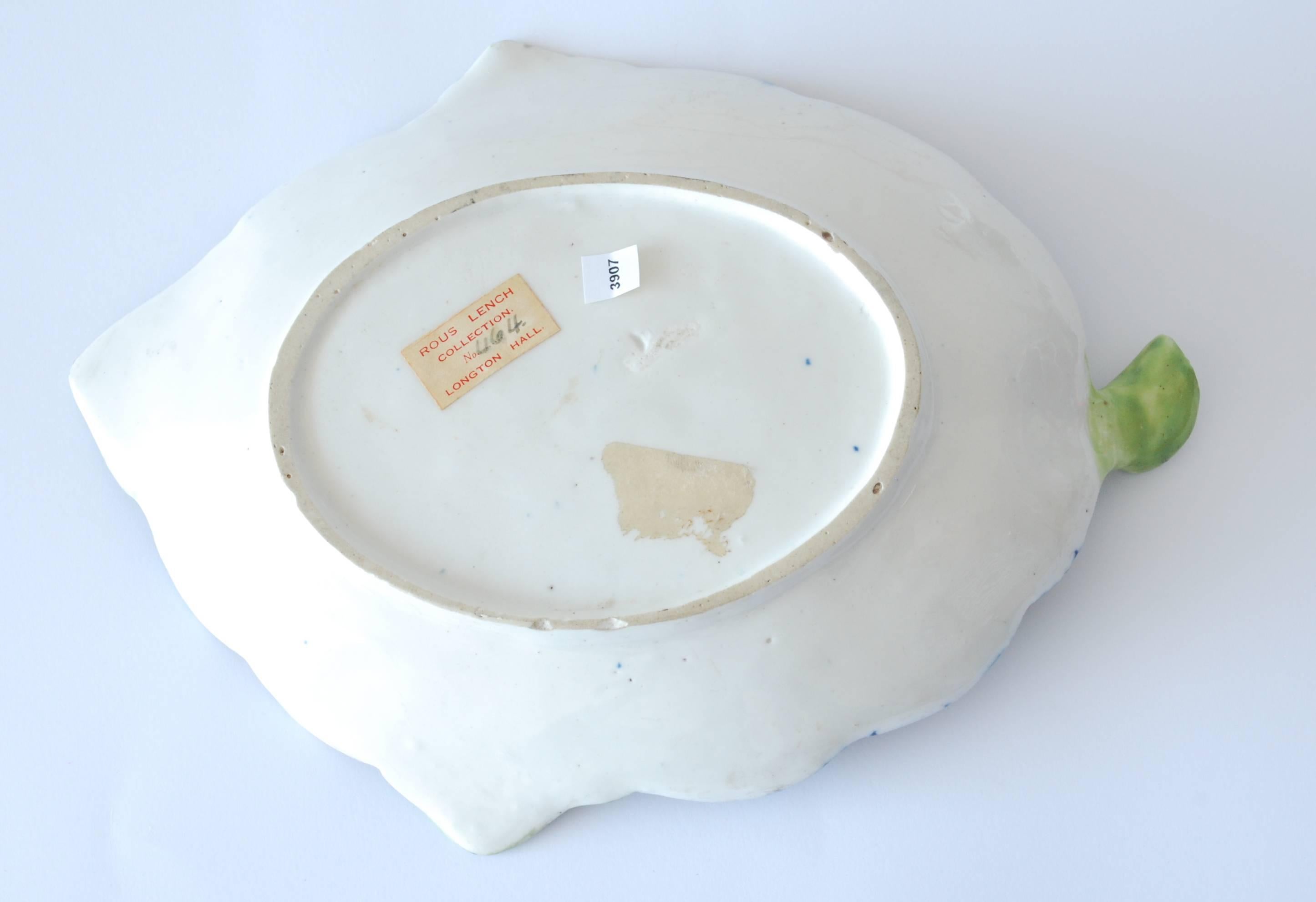 A good serving dish in the shape of a cabbage leaf in a basket. The cobalt ground to the basket is particularly effective.

Prov: Lou Rench Collection, where it was attributed to Longton Hall.
 