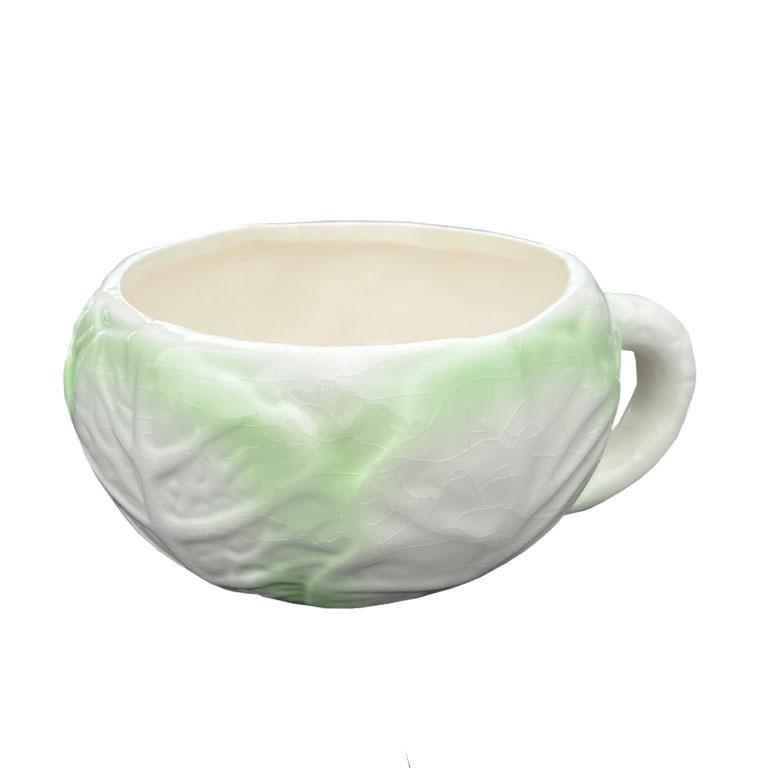 Hollywood Regency Cabbage Ware Green and Cream Coffee Cups or Soup Mugs - Set of 3 For Sale