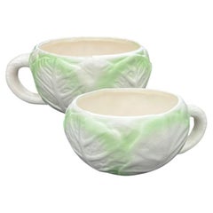 Cabbage Ware Green and Cream Coffee Cups or Soup Mugs - A Pair