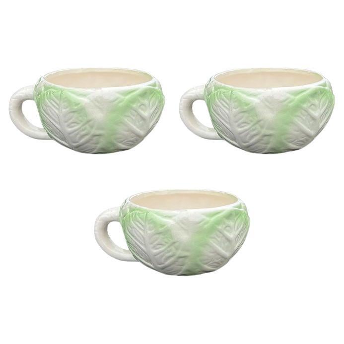Cabbage Ware Green and Cream Coffee Cups or Soup Mugs - Set of 3 For Sale