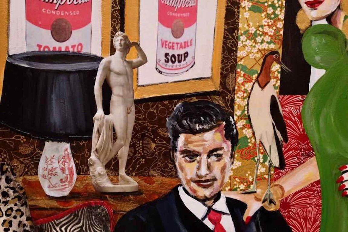 In Molina’s artwork “Home Sweet Home,” the artist offers a vibrant and rich portrayal of an art collector couple in their domestic space, embracing a maximalist aesthetic. Blending painting and collage techniques, Molina creates a scene teeming with