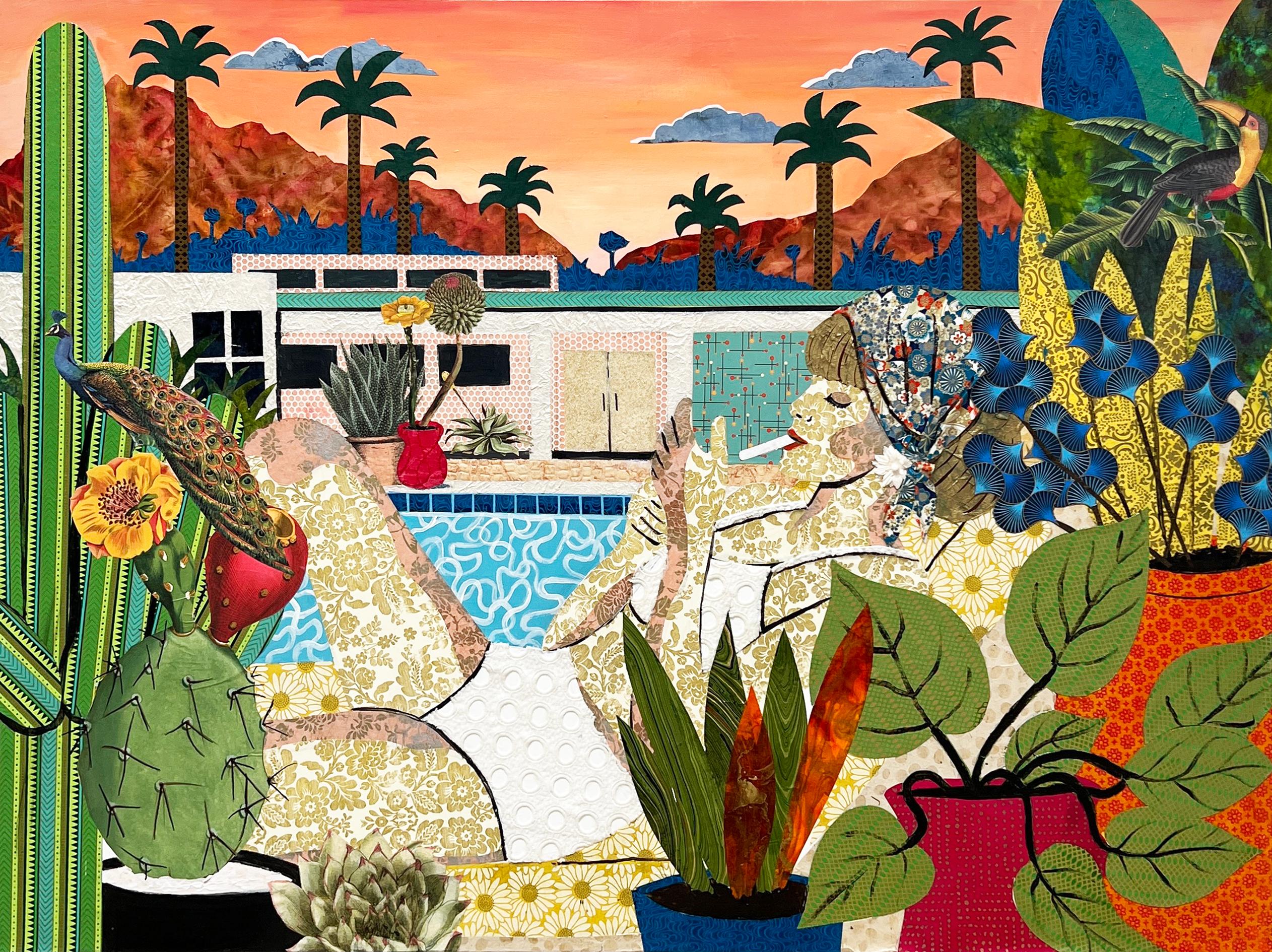 « Palais Springs est toujours une bonne idée » - Peinture de collage texturée sur supports mixtes - Mixed Media Art de Cabell Molina