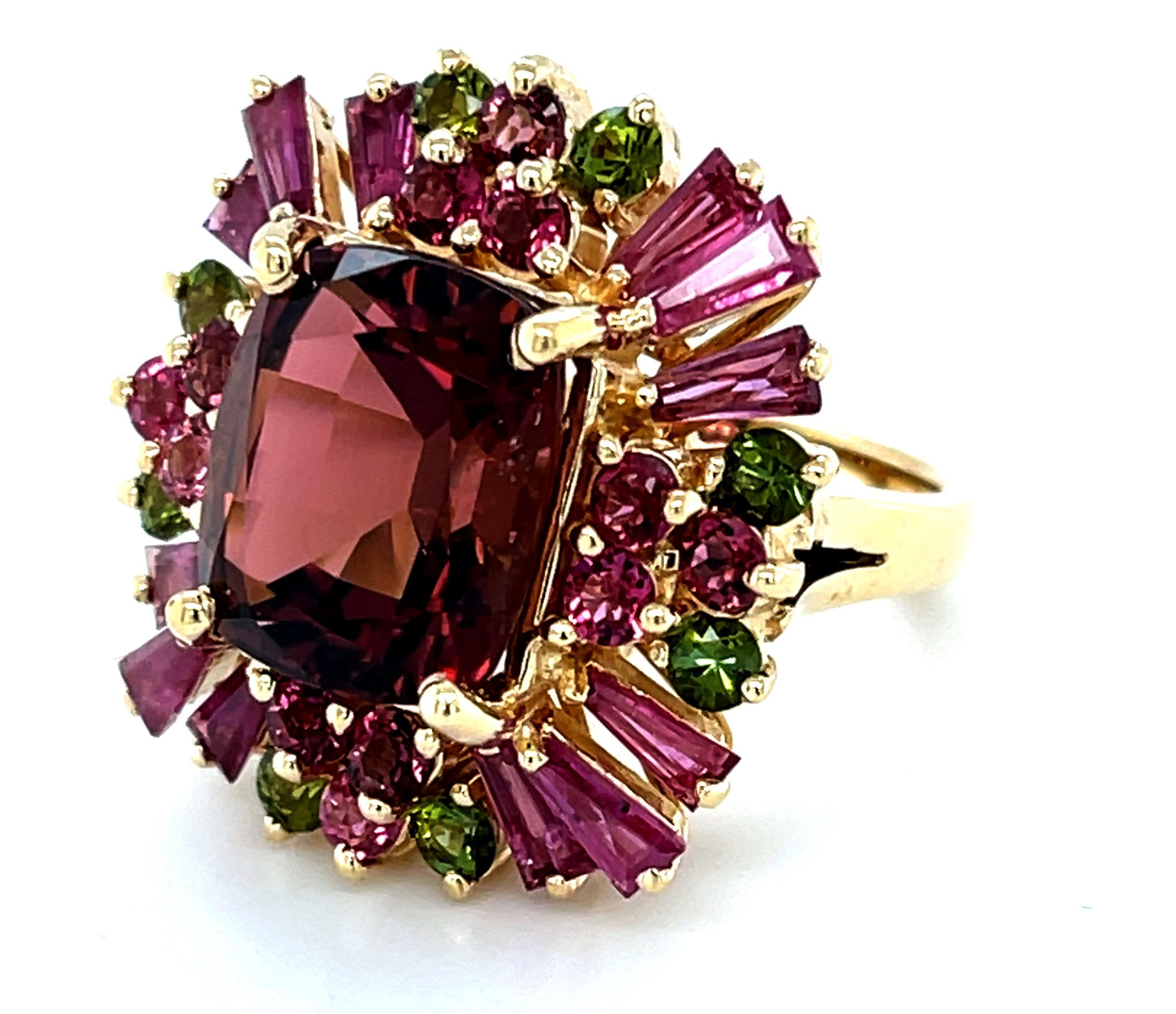 Artisan Cabernet Tourmaline, Ruby, Pink and Green Tourmaline Cocktail Ring in 14k Gold  For Sale