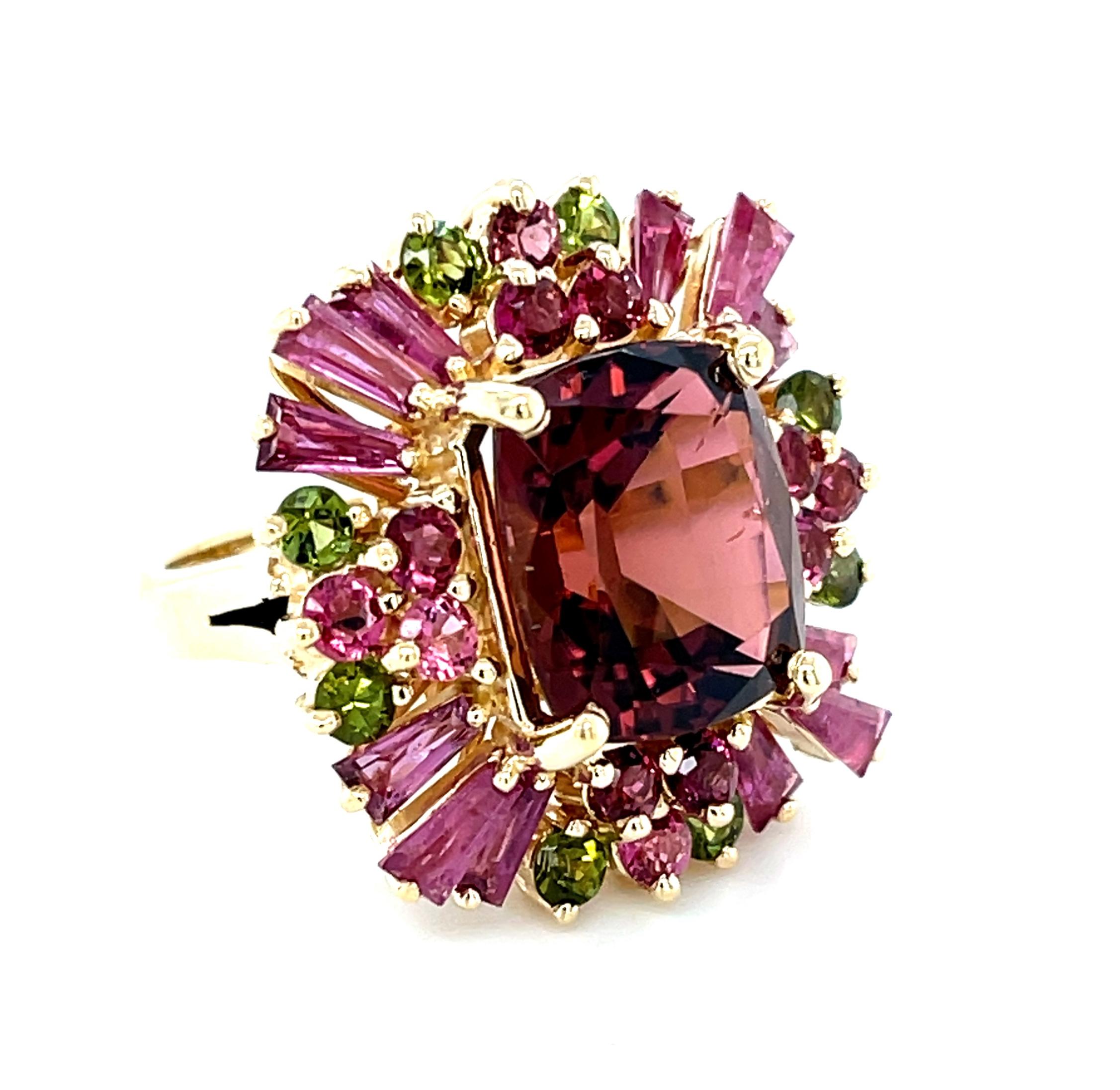 Cushion Cut Cabernet Tourmaline, Ruby, Pink and Green Tourmaline Cocktail Ring in 14k Gold  For Sale