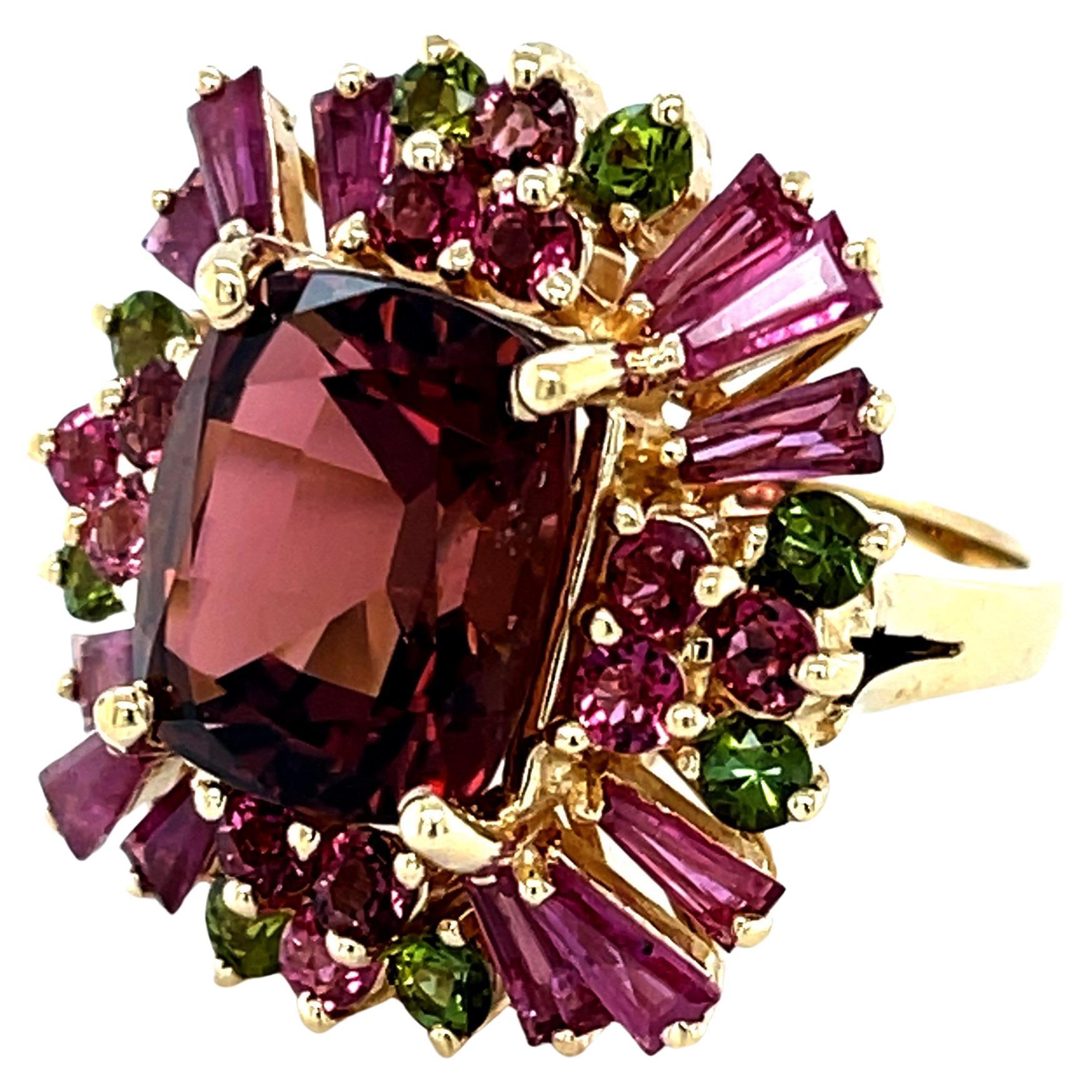 Cabernet Tourmaline, Ruby, Pink and Green Tourmaline Cocktail Ring in 14k Gold 