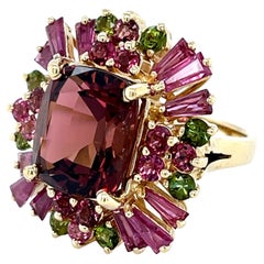 Cabernet Tourmaline, Ruby, Pink and Green Tourmaline Cocktail Ring in 14k Gold